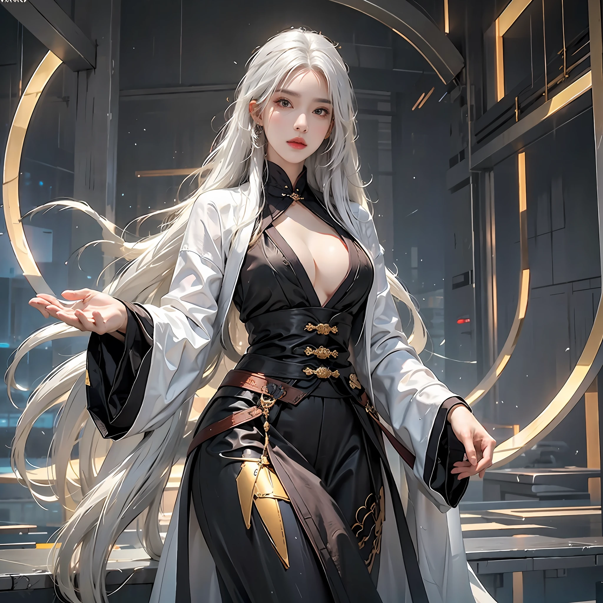 photorealistic, high resolution, 1women, solo, hips up, look at viewer, (detailed face), white hair, long hair, colorful Taoist robe,oversized clothes, jewelry