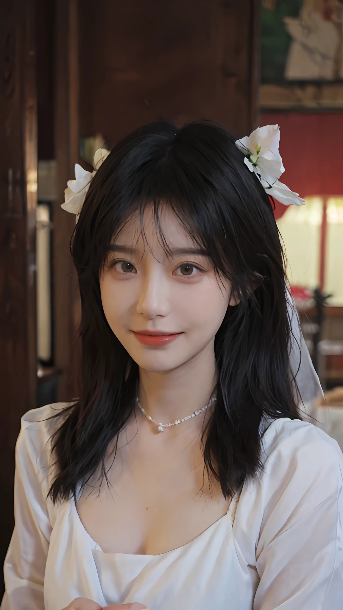 best qualtiy， 超高分辨率， （realisticlying：1.4），cute hairpin，Baoyu Girl，Stand in the wedding hall，（flatchest：1.2） ，A pair of clear and moving peach blossom eyes,Royal Sister，sunshine on face，Big wavy hairstyle，（choker necklace：1.2），（Fair skin：1.4），a sense of atmosphere，a beauty girl， ssmile，head straight-looking at viewer， closeup cleavage ，(Photorealistic:1.4),1girll,Sexy,(Upper body:1.4),(Wet body),(:1.2)