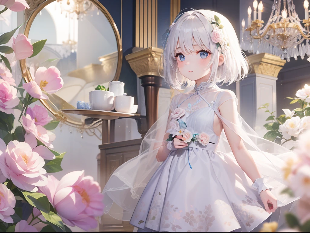 Best quality, tmasterpiece, 5 years old girl, Short white hair, eBlue eyes, Banquet hall, Expression of grievance, Wear a floral dress, Show your upper body, The shadow is long