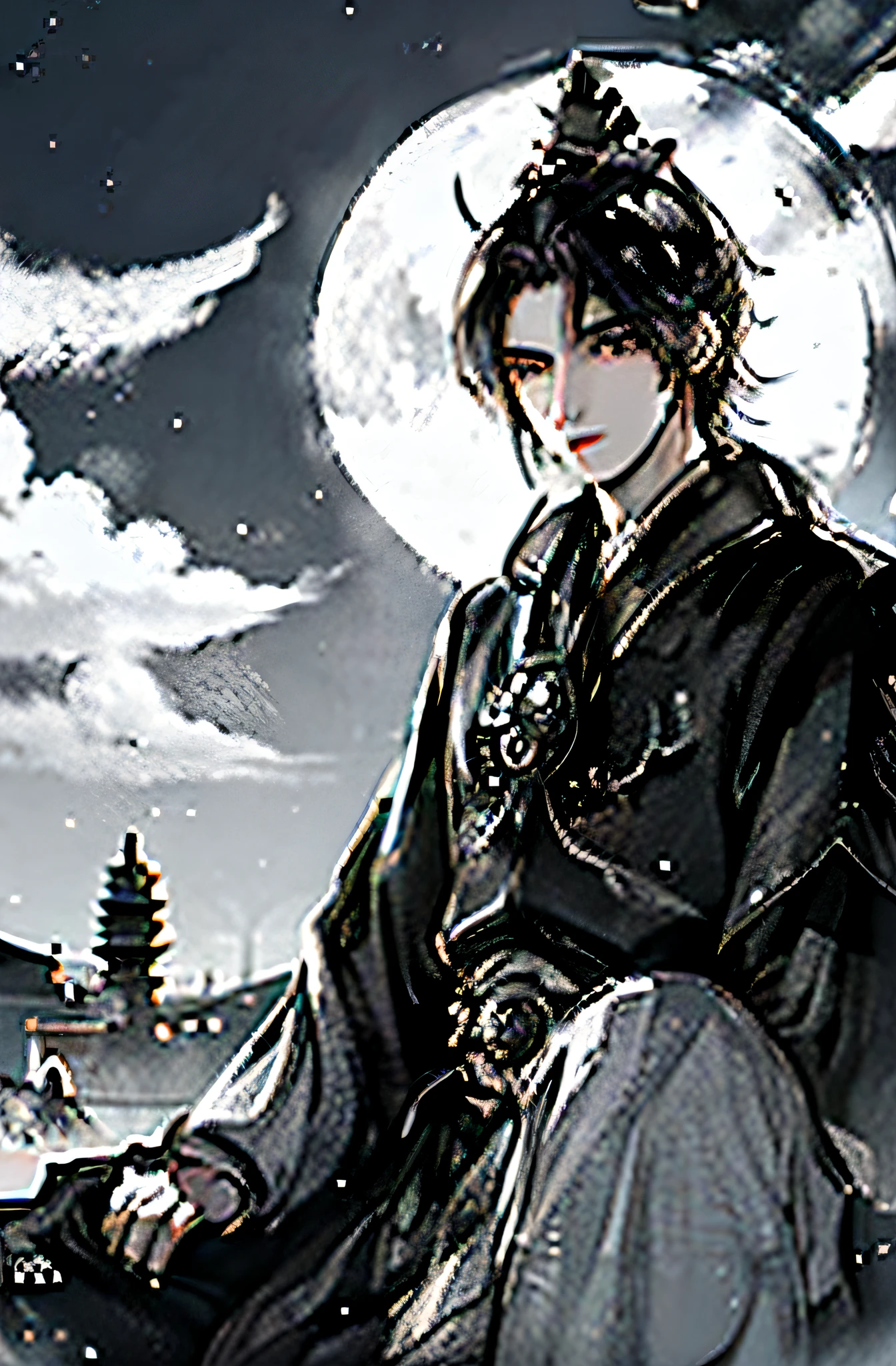 Masterpiece, Best quality, natta, Clouds, full moon, Very short hair,.Ancient style,Chinese man's face