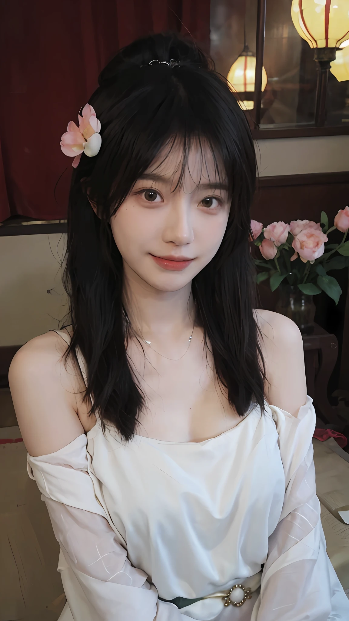 best qualtiy, 超高分辨率, (realisticlying:1.4),cute hairpin,Baoyu Girl,Stand in the wedding hall,(flatchest:1.2) ,A pair of clear and moving peach blossom eyes,Royal Sister,sunshine on face,Big wavy hairstyle,(choker necklace:1.2),(Fair skin:1.4),a sense of atmosphere,a beauty girl, ssmile,head straight-looking at viewer, closeup cleavage ,(Photorealistic:1.4),1girll,Sexy,(Upper body:1.4),(Wet body),(:1.2)