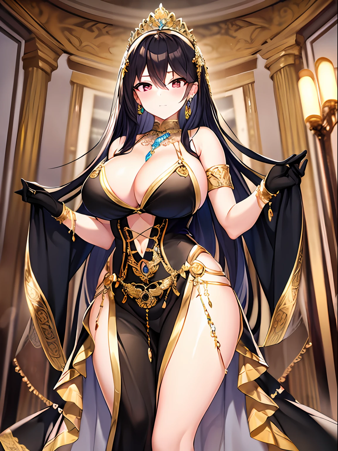 （（anime moe art style）），（（（tmasterpiece））），（（best qualtiy）），（（super detailing）），（illustratio），（（（very fine and beautiful））），dynamic angle，looking at viewert，（（（（（独奏））），（（1 arrogant lady）），（A beautiful fantasy arrogant queen），（full bodyesbian））），standing on your feet，Royal elegant posture，（（dominating pose）），（arrogant，（（Arrogant smile）），a purple eye，（sharp sharp eyes），详细的脸，long eyelasher，（ccurateblack hair），（hair straight），（Very long hair））），bangs between eyes， （（（（gigantic cleavage breasts）））），，（dent in the skin），curves，（Rococo dress，Ornately embroidered with black and gold ruffles），（Ornately embroidered black and gold ruffled rococo dress），（Fluffy black and gold prom dress，Gorgeous embroidery），Big breasts corset，（（Hoop skirt）），The princess dress has a lot of jewelry，（（Gorgeous embroidery）），（Golden decoration），（（Crinolin）），Opera gloves，Beautifully decorated jewelry tiara，Gem earring，Beautifully decorated necklace，Exquisite jewelry ornaments，inside in room，Royal Banquet Hall，light particules，bare legs