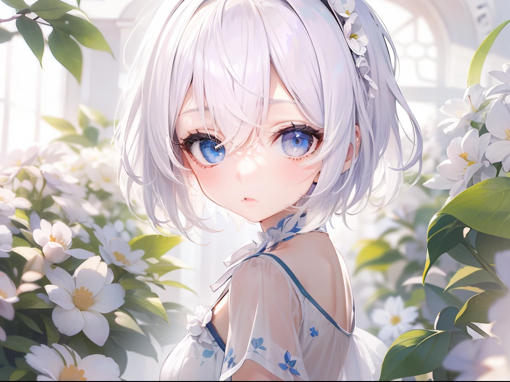 Best quality, tmasterpiece, 5 years old girl, Short white hair, eBlue eyes, Banquet hall, Expression of grievance, Wear a floral dress, Show your upper body, The shadow is long