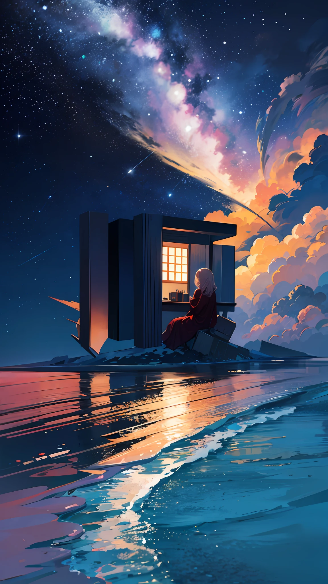 octans, sky, star (sky), scenery, starry sky, night, 1girl, night sky, solo, outdoors, building, cloud, milky way, sitting, tree, long hair, city, silhouette, cityscape