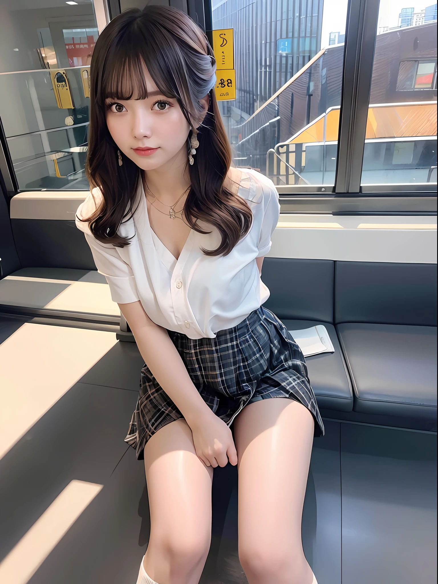 “(tmasterpiece,k hd,hyper HD,4K)brunette color hair,20 years old Japanese girl,Uniform skirts,emphasizing thighs,whitethighhighs,soft thighs,Glossy thighs,Sitting on the train,Face-to-face perspective,(From the angle below),sitting in the train seat,sitting in front,Crotch zoom camera,Feet on the train floor,full bodyesbian,Head down and sleepy-eyed,Just look at the audience", best qualtiy, hyper HD, (realisticlying:1.4),, A high resolution, the detail, RAW photogr, Sharp re, Nikon D850 Film Stock Photo by Jefferies Lee 4 Kodak Portra 400 Camera F1.6 shots, rich colors, ultra-realistic vivid textures, dramatic lighting, Unreal Engine Art Station Trend, Cinestir 800,huge tit,blush