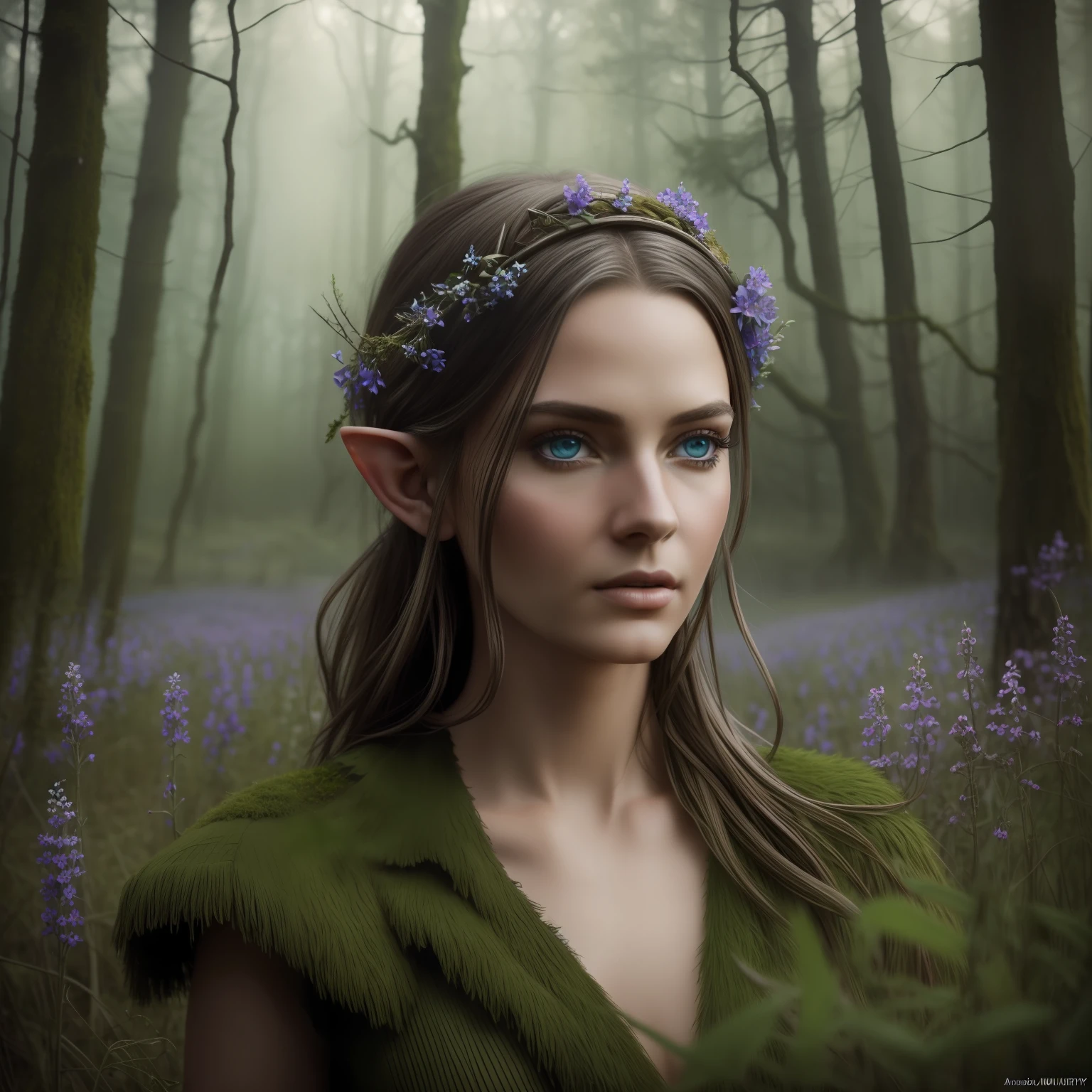 a closeup
of an iconic fantasy, a portrait of a elf with blue eyes and pointy ears standing in a field of wildflowers with overgrown trees, in the style of realistic and hyper-detailed renderings, chilling creatures, 32k uhd, andrea kowch, pseudo-realistic with wind swept hair, realistic, in realistic mossy Forest photography by David bailey. In the style of Andrea Kowch