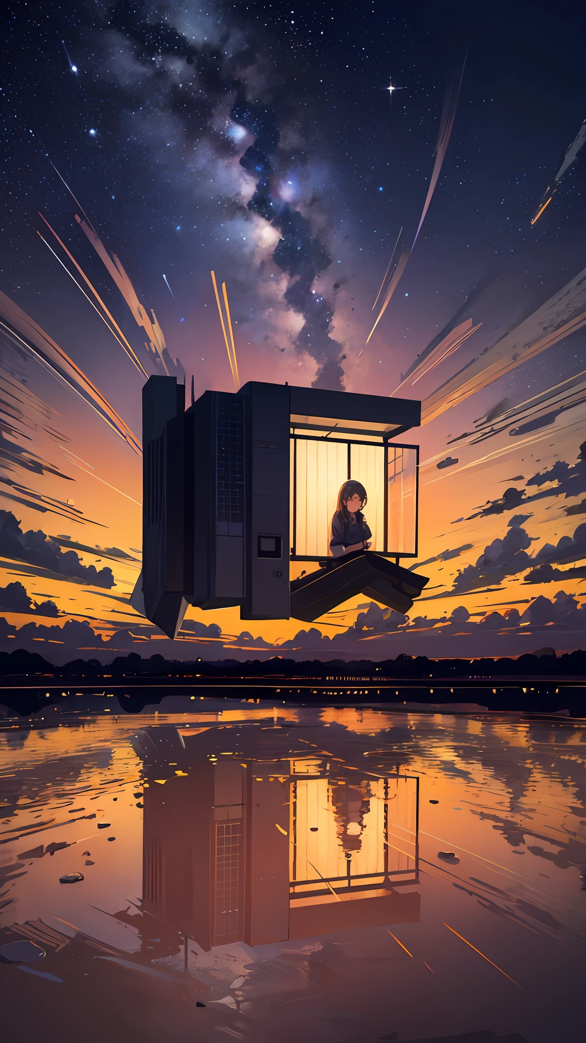 octans, sky, star (sky), scenery, starry sky, night, 1girl, night sky, solo, outdoors, building, cloud, milky way, sitting, tree, long hair, city, silhouette, cityscape