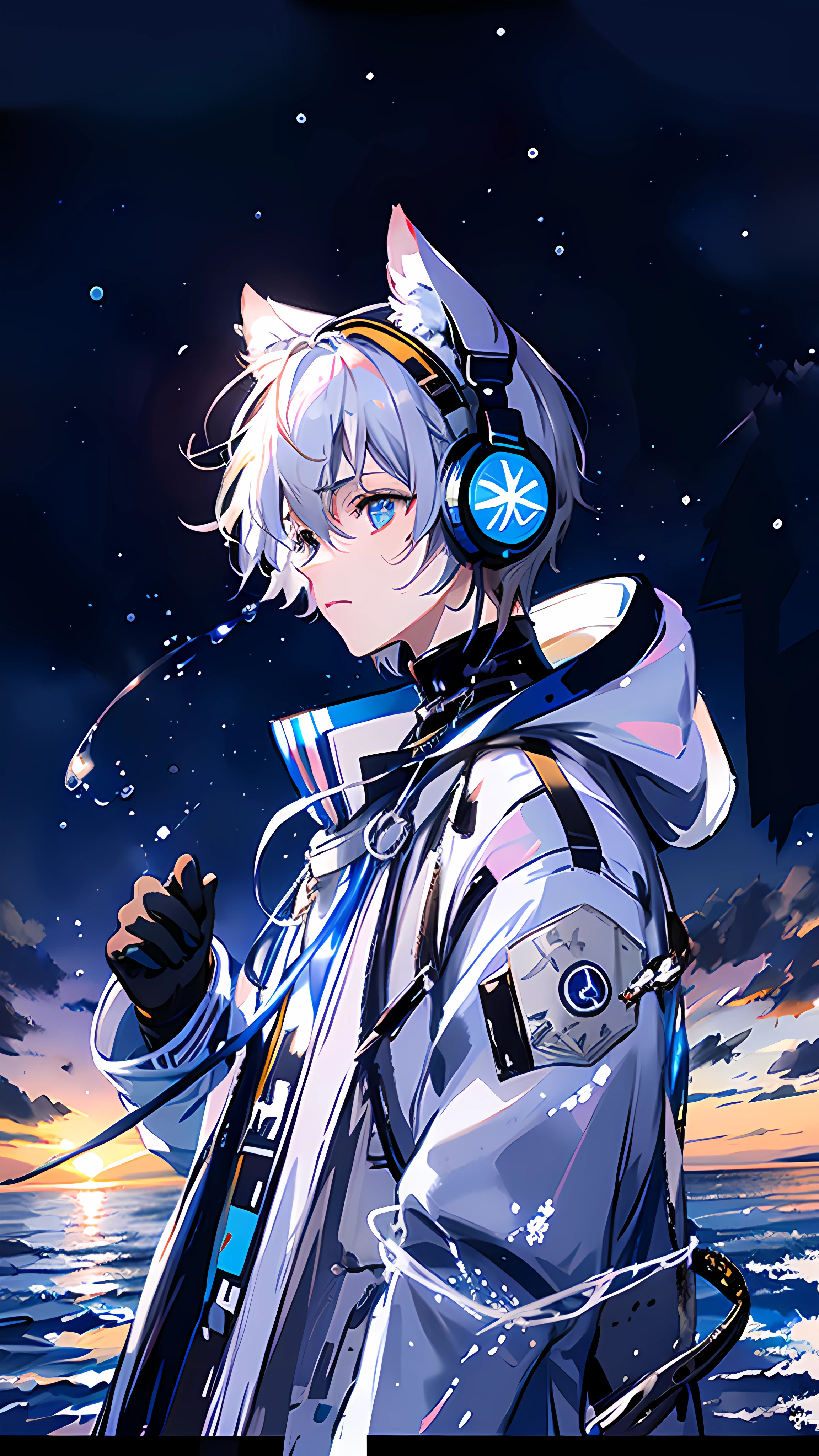 A teenager,White hair,Wear a blue and white coat,With blue illuminated headphones,beachside,the sea,eventide,setting sun,the setting sun,short detailed hair,Libido boy