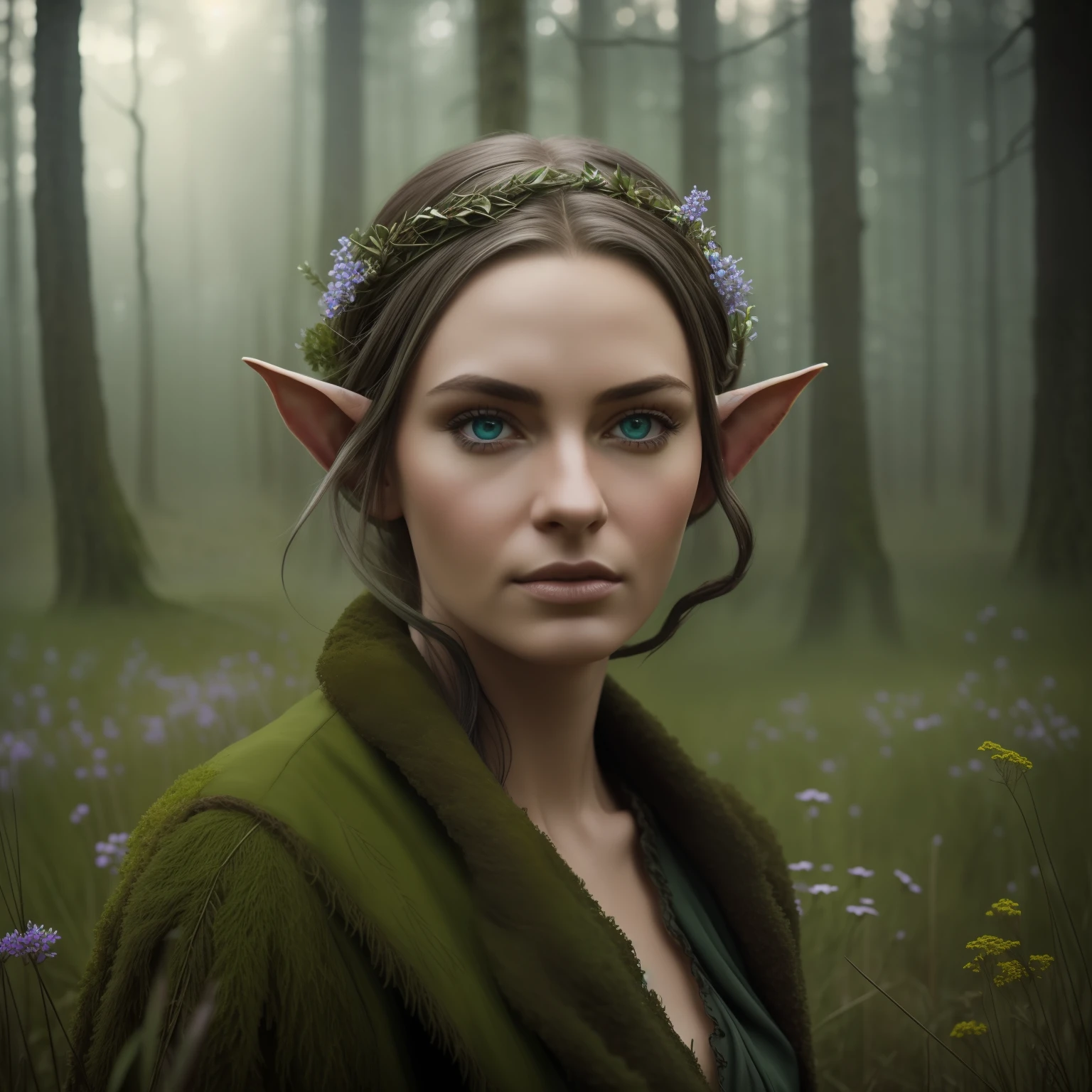 a closeup
of an iconic fantasy, a portrait of a elf with blue eyes and pointy ears standing in a field of wildflowers with overgrown trees, in the style of realistic and hyper-detailed renderings, chilling creatures, 32k uhd, andrea kowch, pseudo-realistic with wind swept hair, realistic, in realistic mossy Forest photography by David bailey. In the style of Andrea Kowch