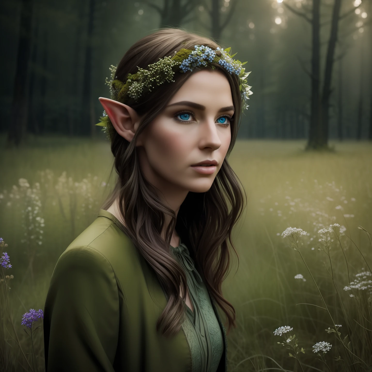 a closeup 
of an iconic fantasy, a portrait of a elf with blue eyes and pointy ears standing in a field of wildflowers with overgrown trees, in the style of realistic and hyper-detailed renderings, chilling creatures, 32k uhd, andrea kowch, pseudo-realistic with wind swept hair, realistic, in realistic mossy Forest photography by David bailey. In the style of Andrea Kowch