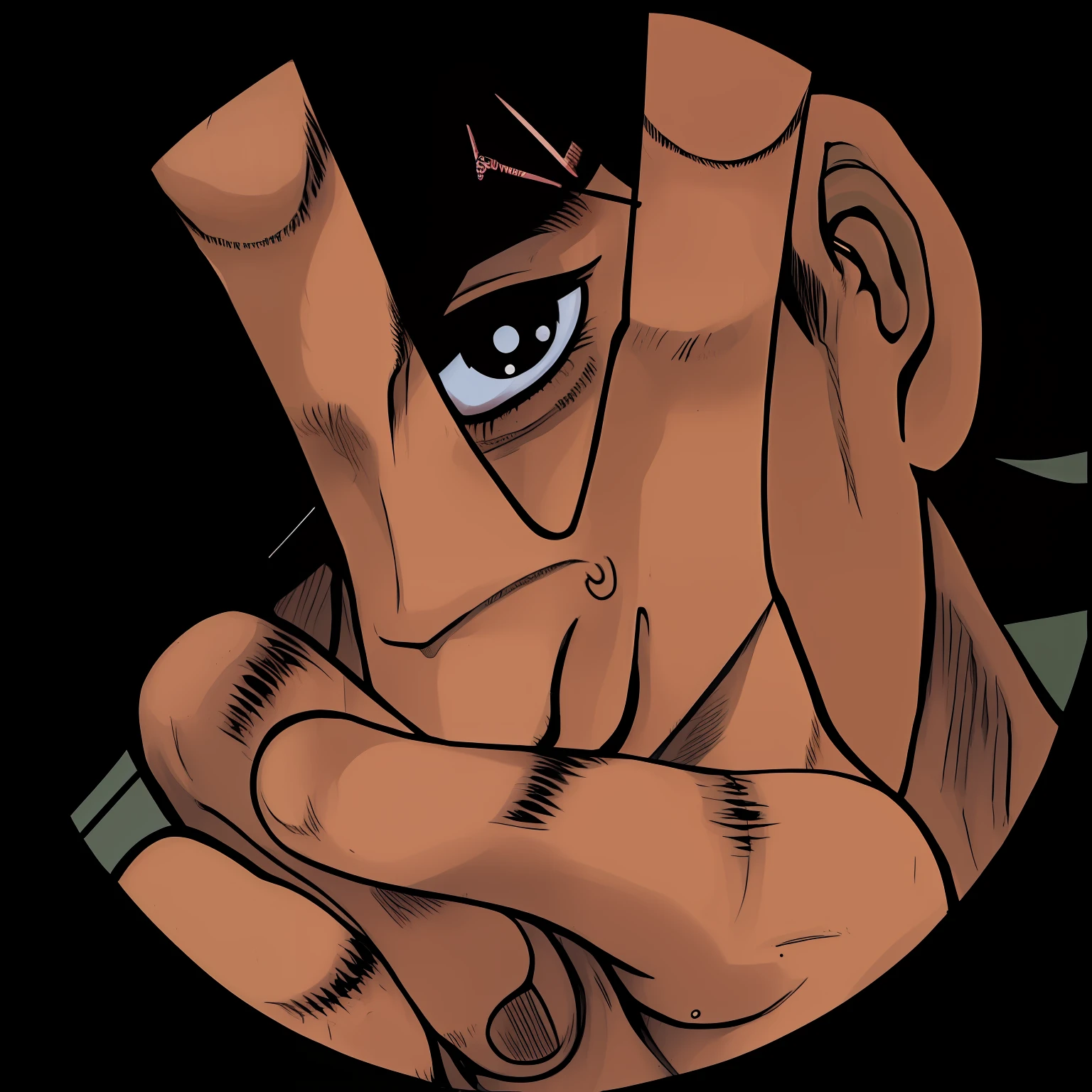 There is a cartoon of a person making a peace sign, Arte Kazuo Umezu, estilo Baba, Baba, closeup estilo gesto pesado, de akira ( 1 9 8 8 ) Estilo, Tiro de perto Shinji Aramaki, de berserk, Sutil Junji Ito, em Berserk Manga, Retrato de Guts de Berserk