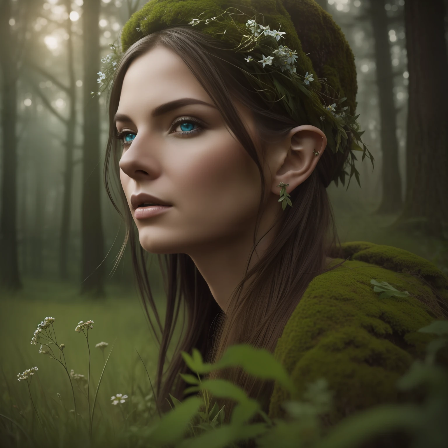 a closeup
of an iconic fantasy, a portrait of a elf with blue eyes and pointy ears standing in a field of wildflowers with overgrown trees, in the style of realistic and hyper-detailed renderings, chilling creatures, 32k uhd, andrea kowch, pseudo-realistic with wind swept hair, realistic, in realistic mossy Forest photography by David bailey. In the style of Andrea Kowch
