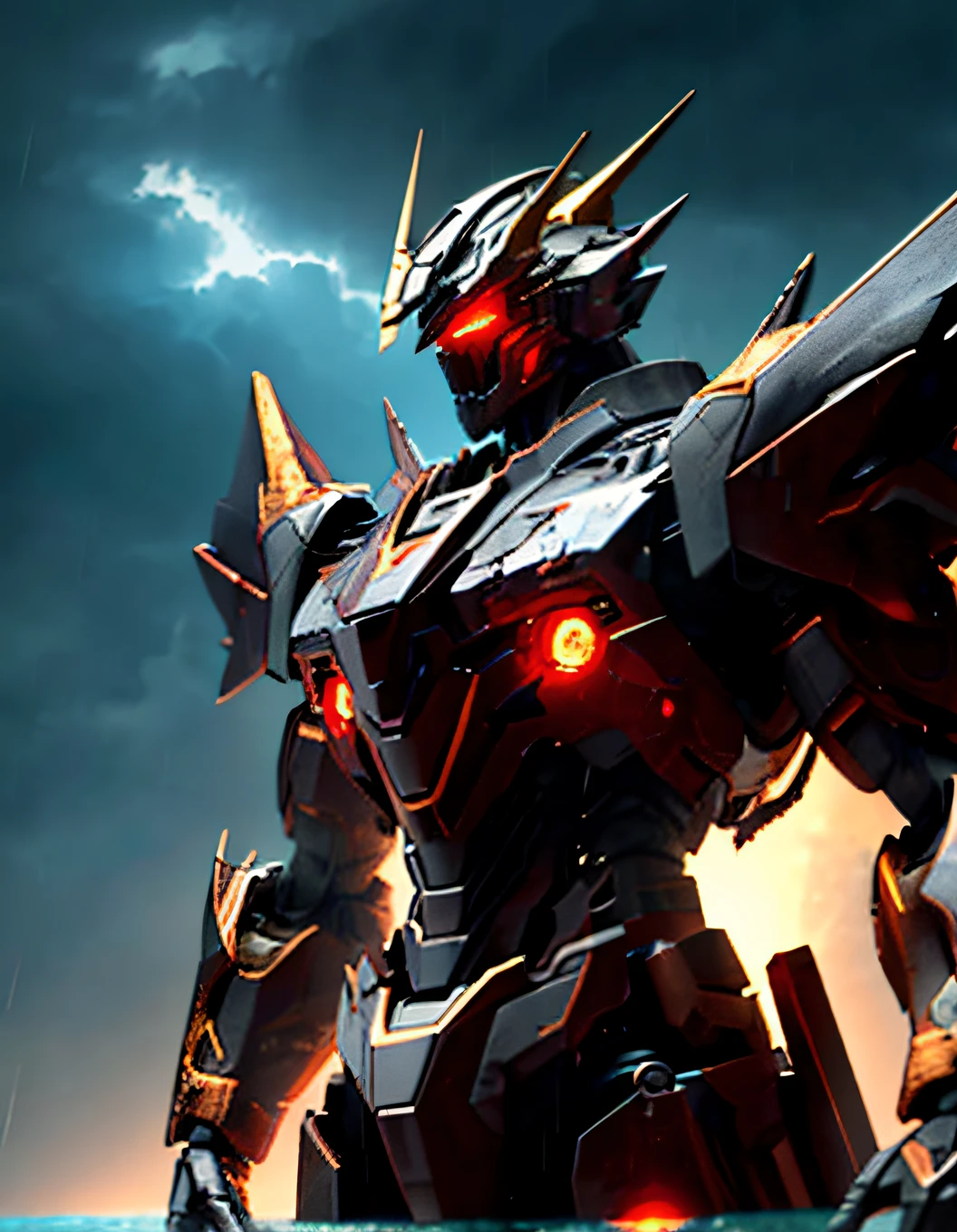 ((masterpiece)), (((best quality))), ((ultra-detailed)), ((illustration)), mecha,sunrise,sunlight,ocean,fire cloud,((night)),((dark)),dynamic angle,red,gold body, red eyes,cowboy shot, ((solo)), mecha, looking at viewer,standing, weapon,v-fin,(from side), mechanical head, Cannon,glowing, spikes, ,realistic,rim light, (Moody Lighting:1.2), ((Volumetric Lighting:1.2)),dark,((strong Lighting:1.4)),glowing eyes, ((standing on sea:1.2)), ((rain)),((broken)), ,aqua