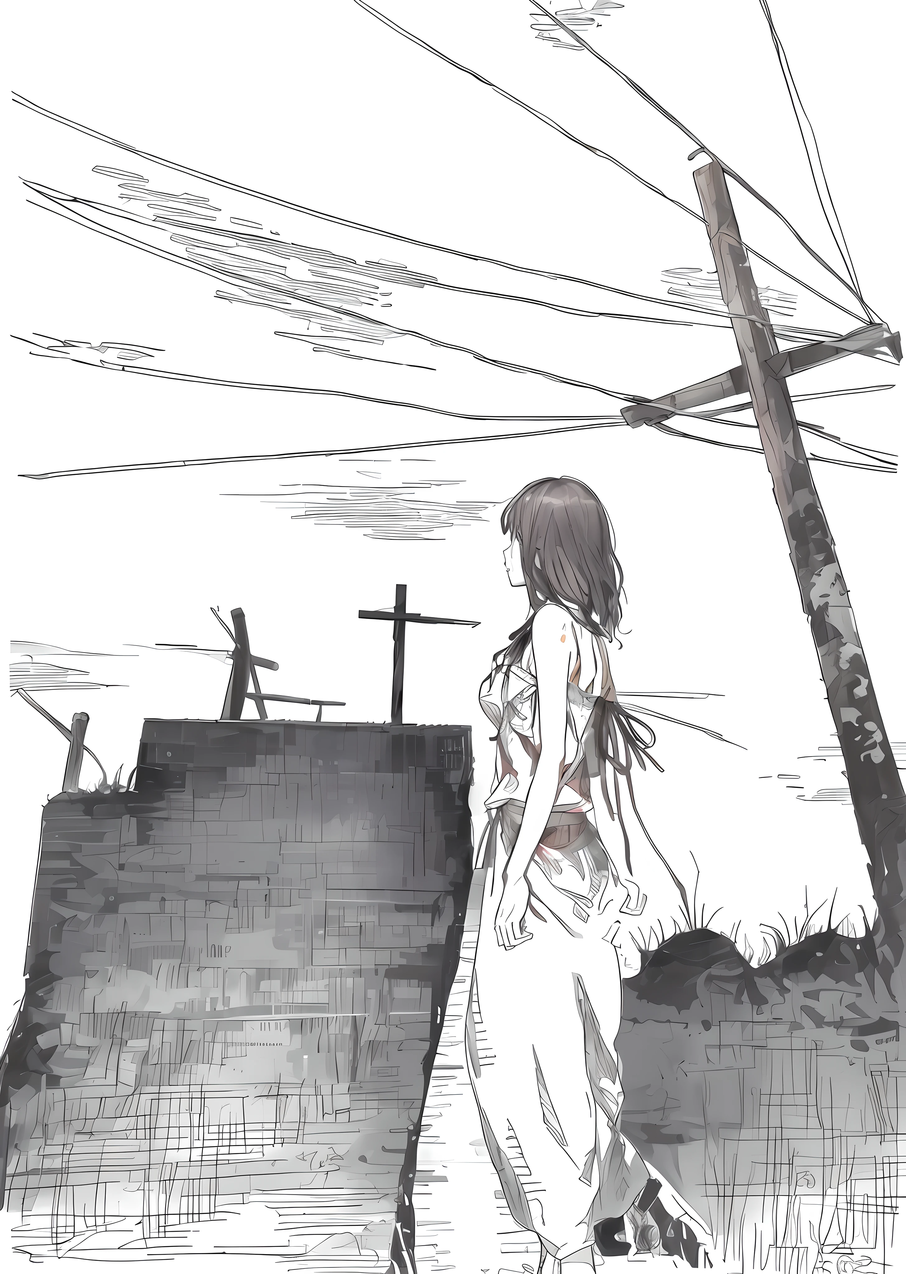 a drawing,A woman walks down the street past a cross, pencil and ink manga, author:author:by Yumihiko Amano, author:Middle Bokuhn, tsutomu nihei art, inspired by Yumihiko Amano, author:Yuki Ogura, anime scene, punpun onodera, pencil and ink manga drawing, junji ito artwork
