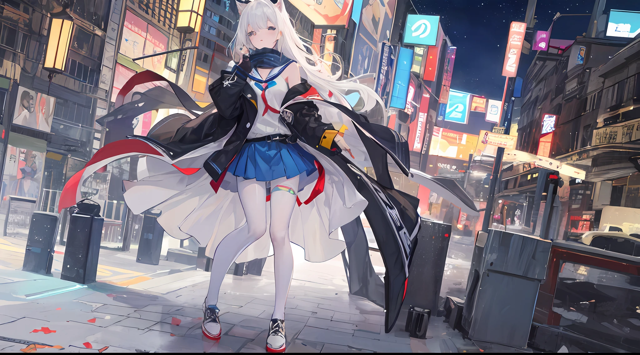 Heterochromic pupils,solo person,Ark of Tomorrow,one-girl,off-shoulder sweater, backless outfit,Starry sky,clusters of stars,Ray tracing,{Best quality}, {{Masterpiece}}, {A high resolution}, Original, Extremely detailed 8k wallpaper, {An extremely delicate and beautiful},,incredibly_absurderes,Colorful,intricately details,art book,,incredibly_absurderes,Ray tracing,Perspective,Wide shot,Overall view,,A high resolution,Game CG,short_Hair,cat_hor ears,White_Hair/White_Eyes,Detail fingers,Hands in hair,pigeon-toed,Pout,Blush,Eyes visible through hair,off-shoulder sweater,White_wind coat,Superskirt,White pantyhose,White cat ears,(((long white hair))),White tail,reaching out her hands,W cut sitting position,(((a black trench coat))),(((Blue sailor collar))),Blue pupil,Black hairpin,Post-industrial buildings,4K,Master picture quality,Texture,Ark of tomorrow style,On the ground lay the West Sword,eventide,Blood-red sunlight,Black backpack,((((Short blue skirt)))),((((White tights)))),black sneaker shoes,full bodyesbian,long and flowing hair,Smiling,Squint,The ultimate in facial depiction,The ultimate body depiction,The ultimate hair depiction ,There are lanterns on the ground,is shy,in a panoramic view,The ultimate scenario description,Pout,Beautiful_face,Beautiful detailed eyes,One eye is white,One eye closed ,Earphone,Beautiful detailed sky,reflective light,Ray tracing,Sunlight,(Maid dress),Sailor dress,Sleeves,beautiful detailed water,Beautiful detailed sky,god light,depth of fields,Normal body,Normal posture,Front view,Absolutely good light and shadow,Detailed sky,baiyun,the sunset,(((城市,starlights,rios,darkly))).{Best quality}, {{Masterpiece}}, {A high resolution}, Original, Extremely detailed 8k wallpaper, {An extremely delicate and beautiful},,Ray ,{Best quality}, {{Masterpiece}}, {A high resolution}, Original, Extremely detailed 8k wallpaper, {An extremely delicate and beautiful},,incredibly_absurderes,Colorful,intricately details,art book,,Overall view,,Depth o