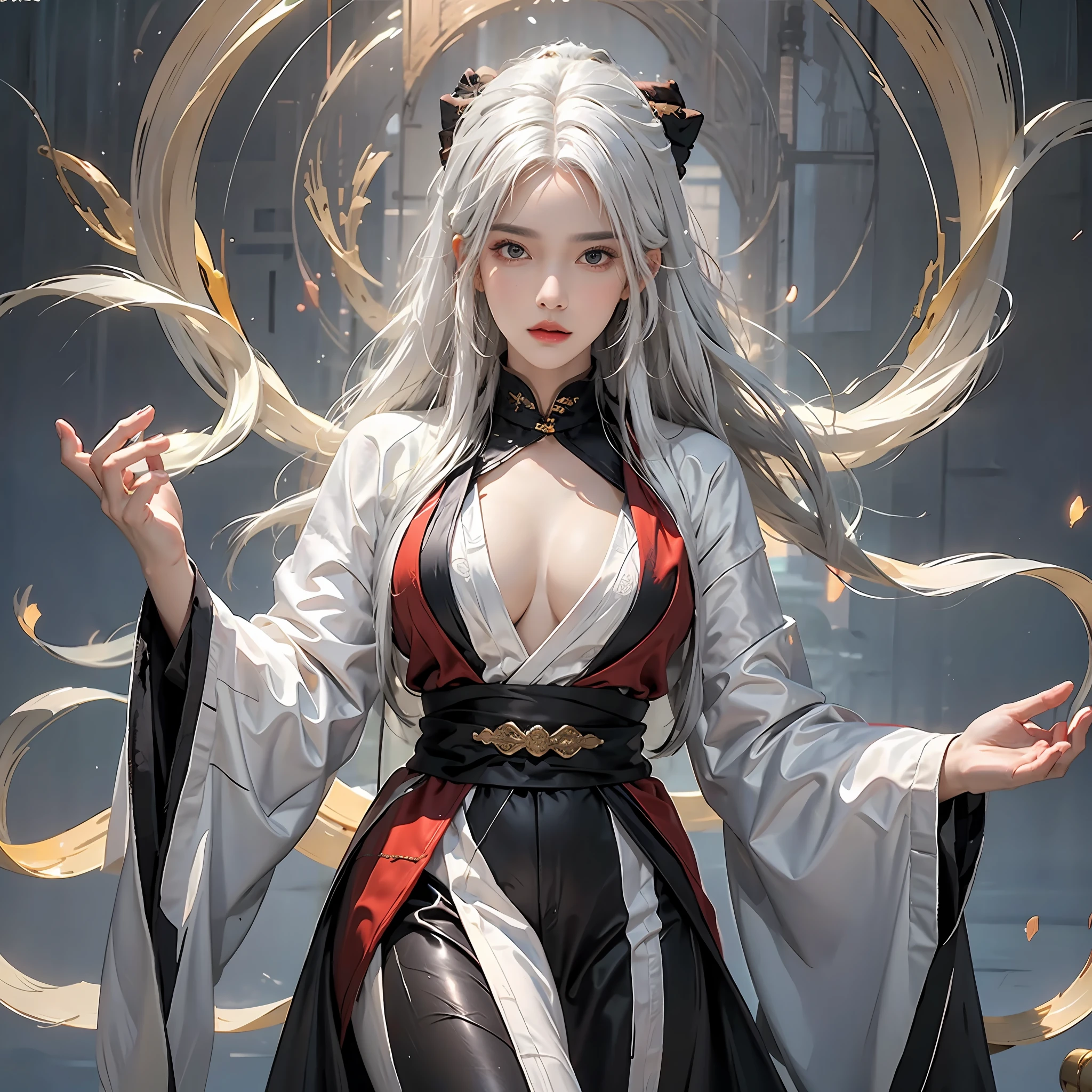 photorealistic, high resolution, 1women, solo, hips up, look at viewer, (detailed face), white hair, long hair, colorful Taoist robe,oversized clothes, jewelry