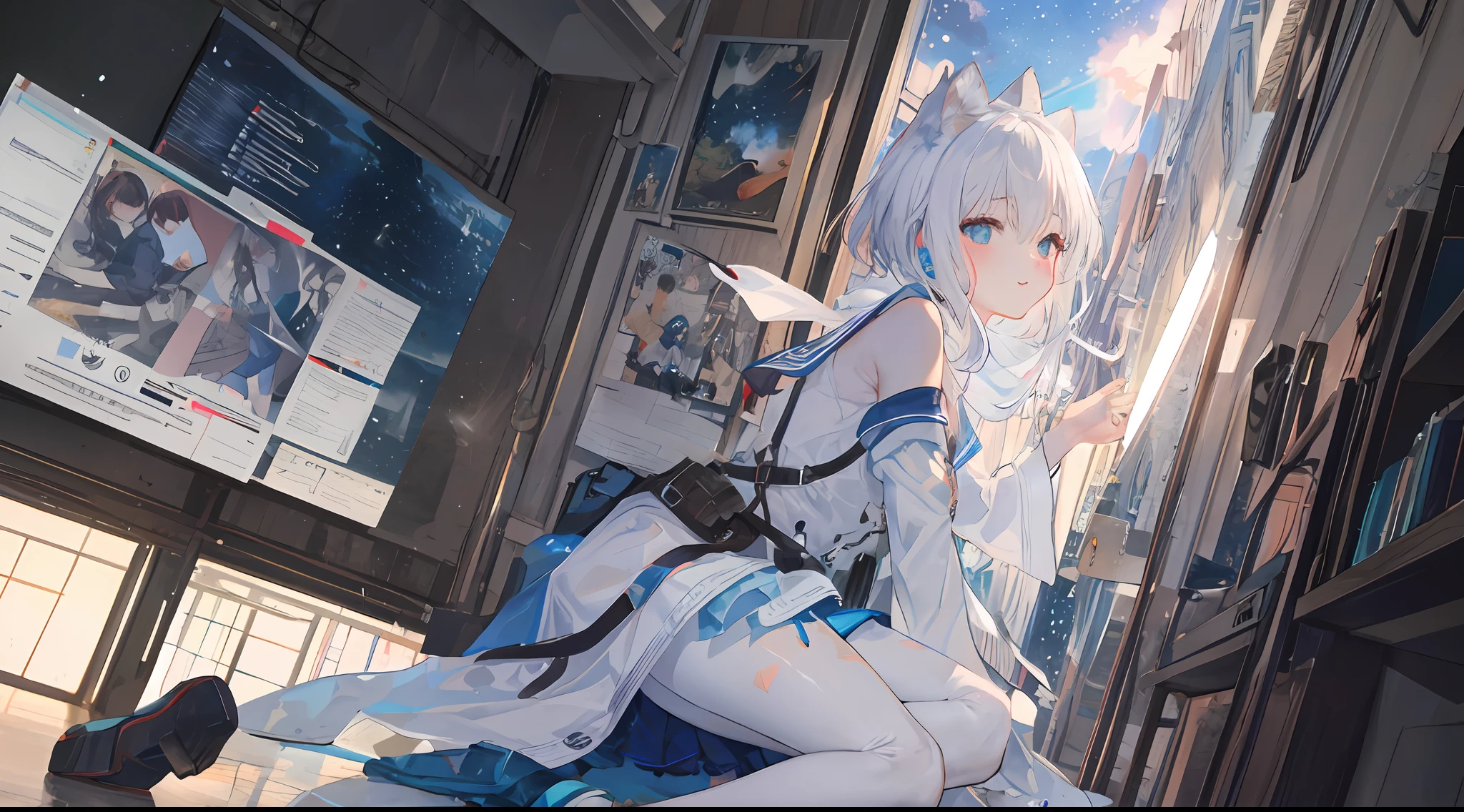 Heterochromic pupils,solo person,Ark of Tomorrow,one-girl,off-shoulder sweater, backless outfit,Starry sky,clusters of stars,Ray tracing,{Best quality}, {{Masterpiece}}, {A high resolution}, Original, Extremely detailed 8k wallpaper, {An extremely delicate and beautiful},,incredibly_absurderes,Colorful,intricately details,art book,,incredibly_absurderes,Ray tracing,Perspective,Wide shot,Overall view,,A high resolution,Game CG,short_Hair,cat_hor ears,White_Hair/White_Eyes,Detail fingers,Hands in hair,pigeon-toed,Pout,Blush,Eyes visible through hair,off-shoulder sweater,White_wind coat,Superskirt,White pantyhose,White cat ears,(((long white hair))),White tail,reaching out her hands,W cut sitting position,(((a black trench coat))),(((Blue sailor collar))),Blue pupil,Black hairpin,Post-industrial buildings,4K,Master picture quality,Texture,Ark of tomorrow style,On the ground lay the West Sword,eventide,Blood-red sunlight,Black backpack,((((Short blue skirt)))),((((White tights)))),black sneaker shoes,full bodyesbian,long and flowing hair,Smiling,Squint,The ultimate in facial depiction,The ultimate body depiction,The ultimate hair depiction ,There are lanterns on the ground,is shy,in a panoramic view,The ultimate scenario description,Pout,Beautiful_face,Beautiful detailed eyes,One eye is white,One eye closed ,Earphone,Beautiful detailed sky,reflective light,Ray tracing,Sunlight,(Maid dress),Sailor dress,Sleeves,beautiful detailed water,Beautiful detailed sky,god light,depth of fields,Normal body,Normal posture,Front view,Absolutely good light and shadow,Detailed sky,baiyun,the sunset,(((城市,starlights,rios,darkly))).{Best quality}, {{Masterpiece}}, {A high resolution}, Original, Extremely detailed 8k wallpaper, {An extremely delicate and beautiful},,Ray ,{Best quality}, {{Masterpiece}}, {A high resolution}, Original, Extremely detailed 8k wallpaper, {An extremely delicate and beautiful},,incredibly_absurderes,Colorful,intricately details,art book,,Overall view,,Depth o