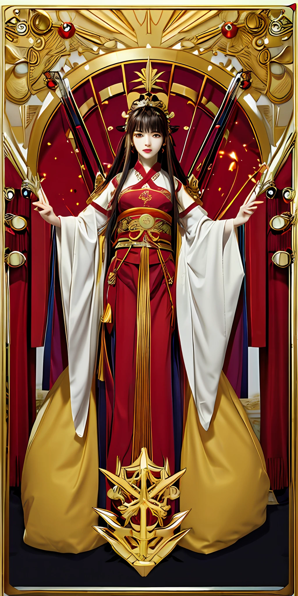 full bodyesbian,tarot, 轴对称,a queen, Ancient Chinese clothing, custom,full bodyesbian, rays of sunshine, Clear face,solid color backdrop,Gold and red dress, tmasterpiece, super detailing, Epic composition, hyper HD, high qulity, extremely detaile, offcial art, Uniform 8K wallpaper, super detailing, 32K