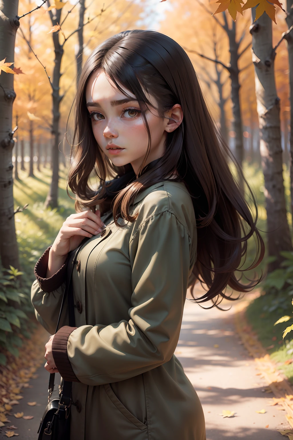 Ink-textured brunette girl standing under the maple forest,The hair is gently blown by the wind,The leaves fell into her hands