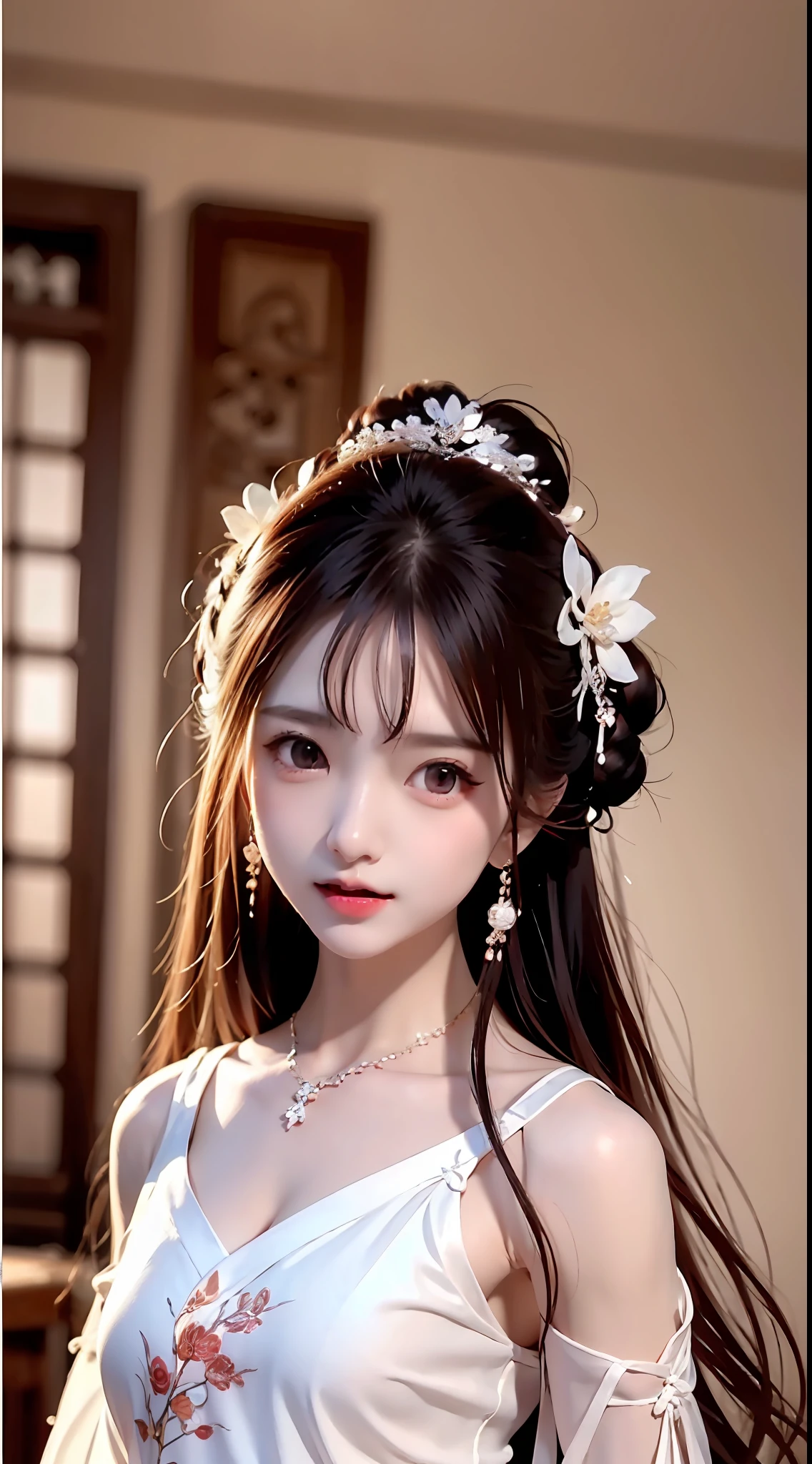JK Maiden，A girl wearing a Japanese girls' school uniform，8K，Extremely high image quality，Cinematic film texture，photorealestic，Eating Japanese food，Nikkei background，depth of fields，Tatami room，Warm lighting，Bow on chest，Qi bangs，Long hair that falls over the shoulder，(Playful eyes)，二重まぶた，Deepening of the tail of the eyes，Lying silkworm，Wear a bracelet on your wrist，Scarlet lips，The lips are shiny and textured，Fine skin texture，Brown sparkling pupils，((((Keep your eyes on the camera))))，Slender fingers，((face round))，(((Small lips)))，Black halterneck hanfu，Small-headed spells(Prompt): （（hyper HD）），Best image quality，8K resolution，Higher quality，Works of masters，Antique peerless beauty bride，Exquisite facial features，Absolutely beautiful，Crystal red lips，ssmile，Nice big eyes，Delicate long eyelashes，Sweet with lying silkworms，鎖骨，Black color hair（（Loose Chinese antique hairstyle，Floral hair ornaments，Wearing a white sheer silk shirt with large sleeves，Glossy，Multi-layer yarn，There is beautiful embroidery，））Skin that is white and red，Extreme picture quality（（（（Get close to the viewer，Court-style mosquito nets，Festival room，Sitting on the bed spells(Prompt): Works of masters，超高分辨率，high detal，Best image quality，femele，mid hair，Double ball head，Chinese red embroidered print bandeau，Skirt that wraps hips，Stand in the attic of an ancient Chinese city，beautifullegs，During the necklace，