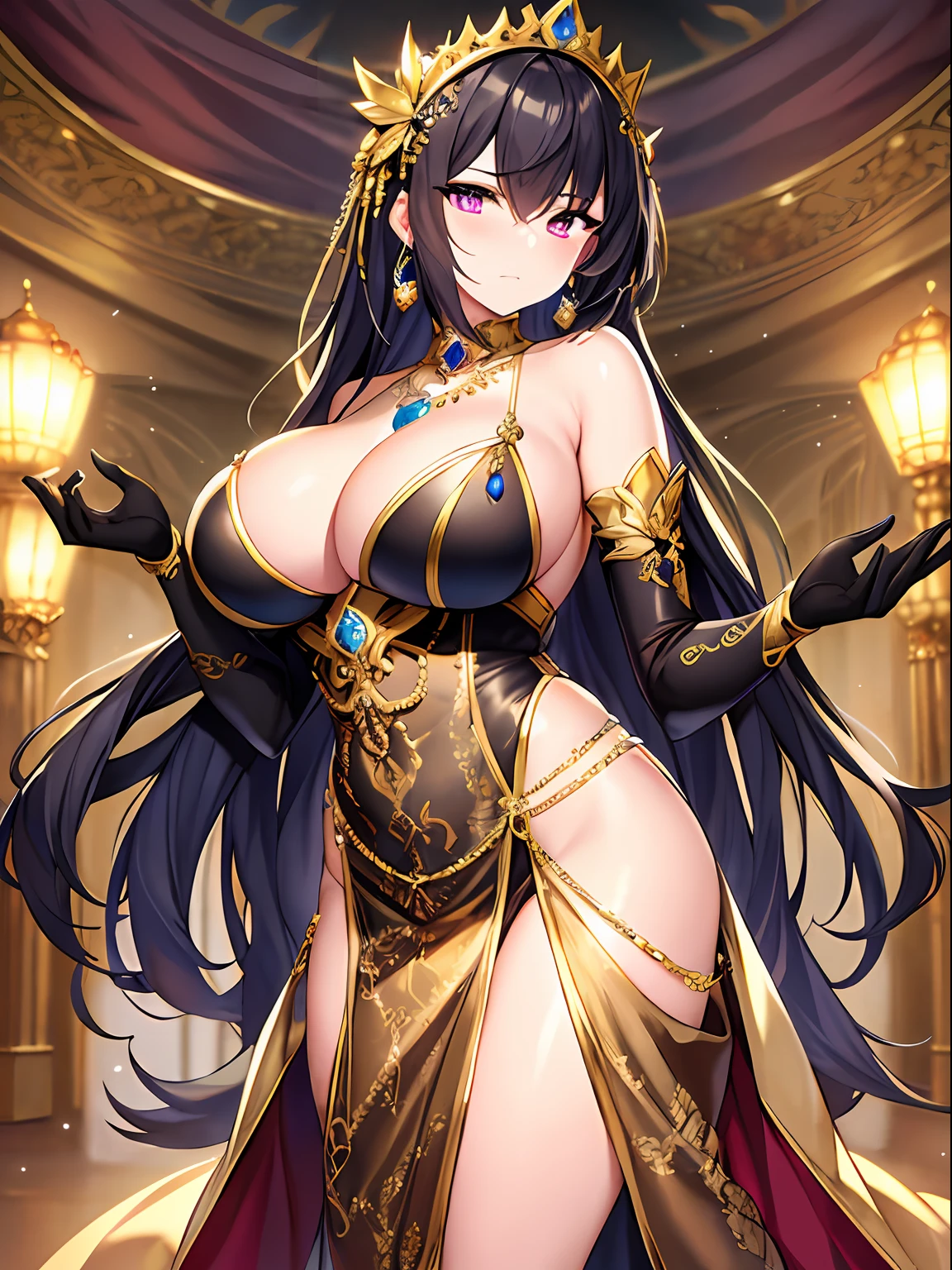 （（anime moe art style）），（（（tmasterpiece））），（（best qualtiy）），（（super detailing）），（illustratio），（（（very fine and beautiful））），dynamic angle，looking at viewert，（（（（（独奏））），（（1 arrogant lady）），（A beautiful fantasy arrogant queen），（full bodyesbian））），standing on your feet，Royal elegant posture，（（dominating pose）），（arrogant，（（Arrogant smile）），a purple eye，（sharp sharp eyes），详细的脸，long eyelasher，（ccurateblack hair），（hair straight），（Very long hair））），bangs between eyes， （（（（gigantic cleavage breasts）））），，（dent in the skin），curves，（Rococo dress，Ornately embroidered with black and gold ruffles），（Ornately embroidered black and gold ruffled rococo dress），（Fluffy black and gold prom dress，Gorgeous embroidery），Big breasts corset，（（Hoop skirt）），The princess dress has a lot of jewelry，（（Gorgeous embroidery）），（Golden decoration），（（Crinolin）），Opera gloves，Beautifully decorated jewelry tiara，Gem earring，Beautifully decorated necklace，Exquisite jewelry ornaments，inside in room，Royal Banquet Hall，light particules，Erotic breast-baring