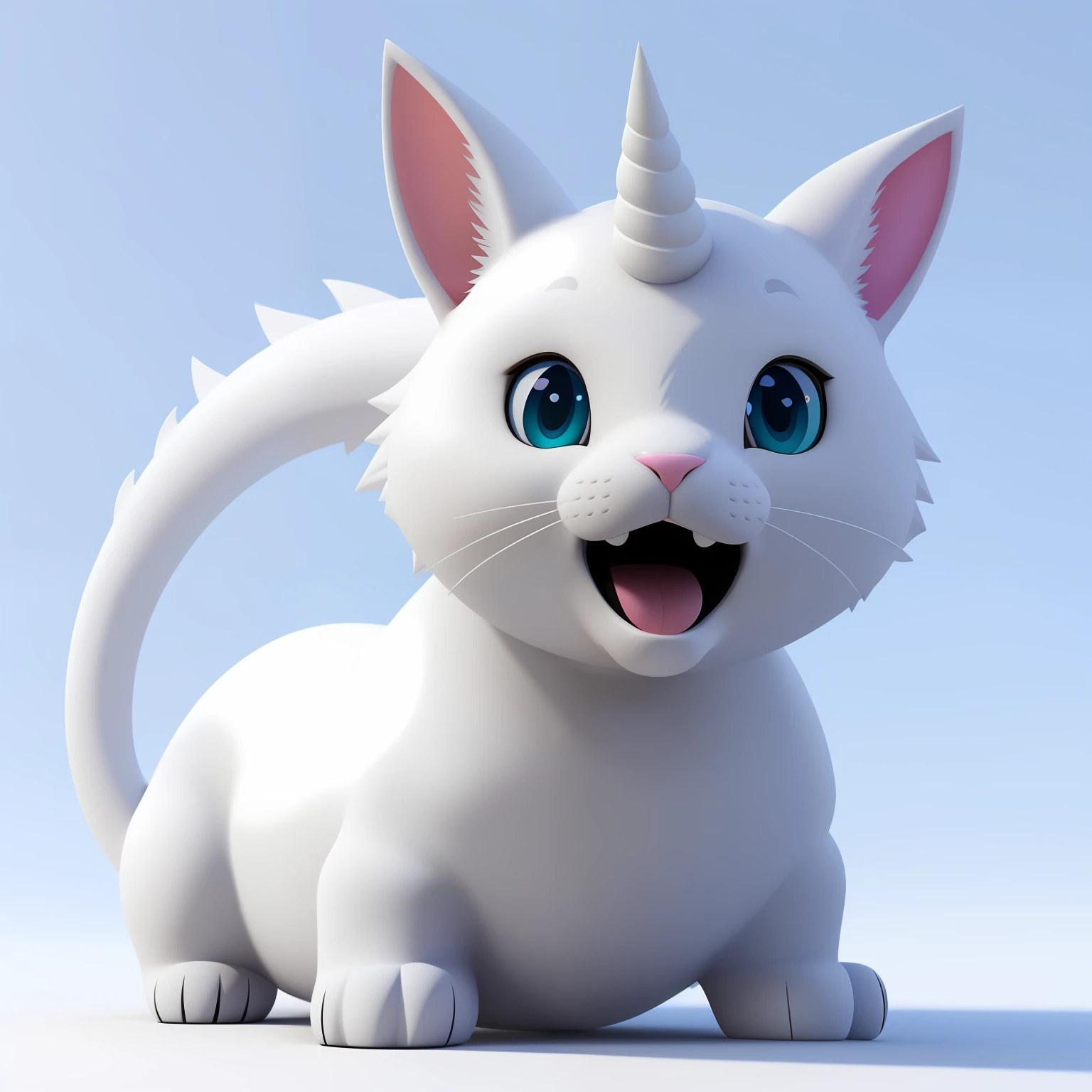 No hair,No nose, Create a background, Smooth connection between face and body, Unify the texture of the face and body, There is a white cat with a white nose, Cute! C4D, movie「tusk」Unicorn of, the cat is smiling, !!!! Cat!!!!, Shark Cat Hybrid, toon render keyshot, cute 3d render, rendered in blender, Toony, blender eevee render, White Unicorn, rendered in maya