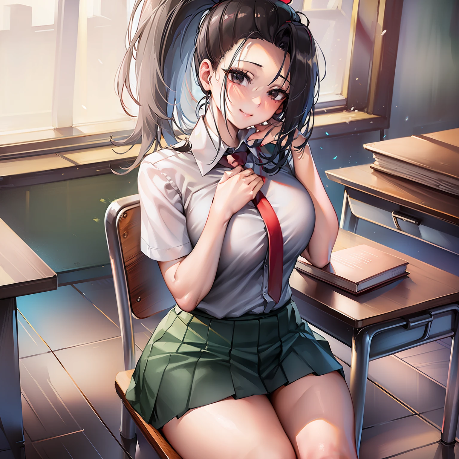 masterpiece, best quality, highres, 1girl, yaoyorozu momo, black hair, ponytail, hair pulled back, black eyes, large breasts, school uniform, white shirt, collared shirt, short sleeves, red necktie, green skirt, classroom, sitting, desk, book, chair, smile, studying, hand on own face,