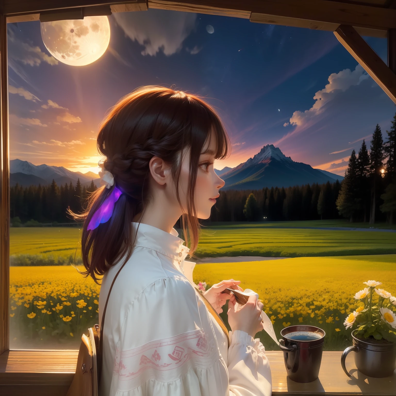 A wide landscape photo, (viewed from below, the sky is above, and the open field is below), a girl standing on a flower field looking up, (full moon: 1.2), (meteor: 0.9), (nebula: 1.3), distant mountains , Trees BREAK Crafting Art, (Warm Light: 1.2), (Firefly: 1.2), Lights, Lots of Purple and Orange, Intricate Details, Volumetric Lighting BREAK (Masterpiece: 1.2), (Best Quality), 4k, Ultra Detailed, (Dynamic Composition: 1.4), Rich in Detail and Color, (Rainbow Color: 1.2), (Glow, Atmospheric Lighting), Dreamy, Magical, (Solo: 1.2)