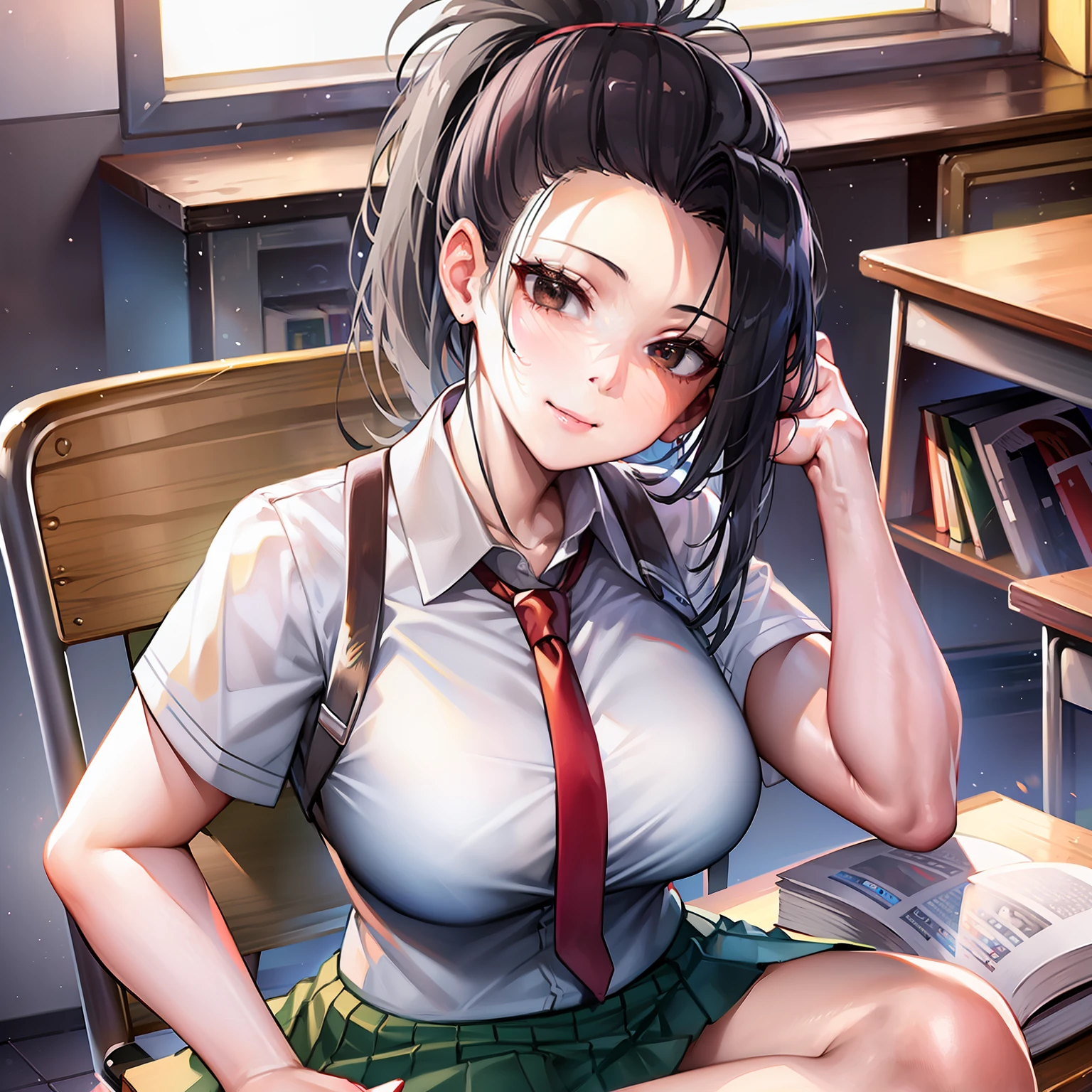 masterpiece, best quality, highres, 1girl, yaoyorozu momo, black hair, ponytail, hair pulled back, black eyes, large breasts, school uniform, white shirt, collared shirt, short sleeves, red necktie, green skirt, classroom, sitting, desk, book, chair, smile, studying, hand on own face,