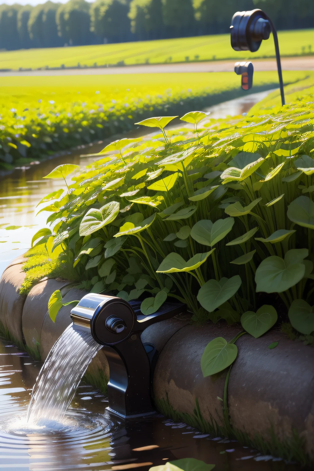 The pump pumps water from small streams,watering,Close-up,A field of lettuce