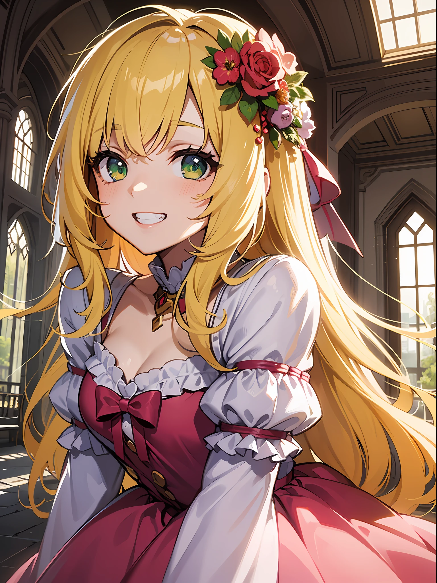 (masterpiece:1.3), (best quality:1.3), high resolution, 


upper body, 
leaning forward, body facing forward, 

(one cute girl:1.3), solo, 
white skin, small Breast, eight-headed person, 
light yellow hair, long hair, red ribbon, fluffy hair, beautiful hair, green eyes, beautiful detailed eyes, 

grin, 

frilled dress, pink dresses, (shortcake:1.3), 

outdoors, inside the castle, luxury rooms, 

shadowlighting,