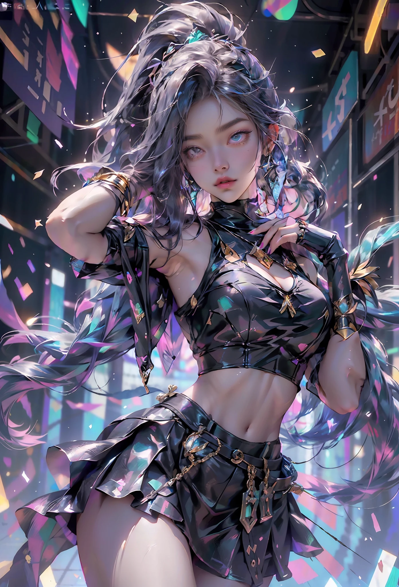 Beautiful cybernetics girl looking at camera lingerie detail muscular reality masterpiece,Camel toes perfect illumination perfect body perfect face realistic facial features heavy breasts,Dangling breasts,,imprint,areola is protruding,hentai,Sexy star pose,Color hair, diagonal bangs, short ponytail hair, ahoge, bunny hair ornament, Moles under eyes, Cat ears, Shy, Blush, High detail, Verism, Ray tracing, hyper HD, Masterpiece, ccurate, High quality, High details, A high resolution, Textured skin,teens girl,Kizi,18yo girl,Delicate facial features,Picture-perfect face,perfect body figure,,Full breasts,Wear a short skirt,There is a long white transparent barrel on the leg,White transparent socks,Gothic shoes,Bumpy,Raised sexy,Girly,Green,Ordinary street