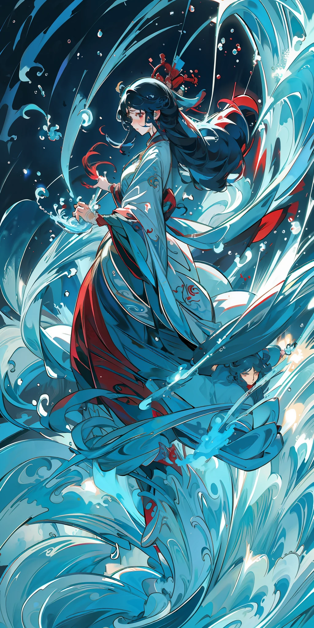 Best quality,Masterpiece,超高分辨率,,yushuishu,1girll,Solo,Long hair,water,Waves,full bodyesbian,red style,water elemental，轴对称:1.5