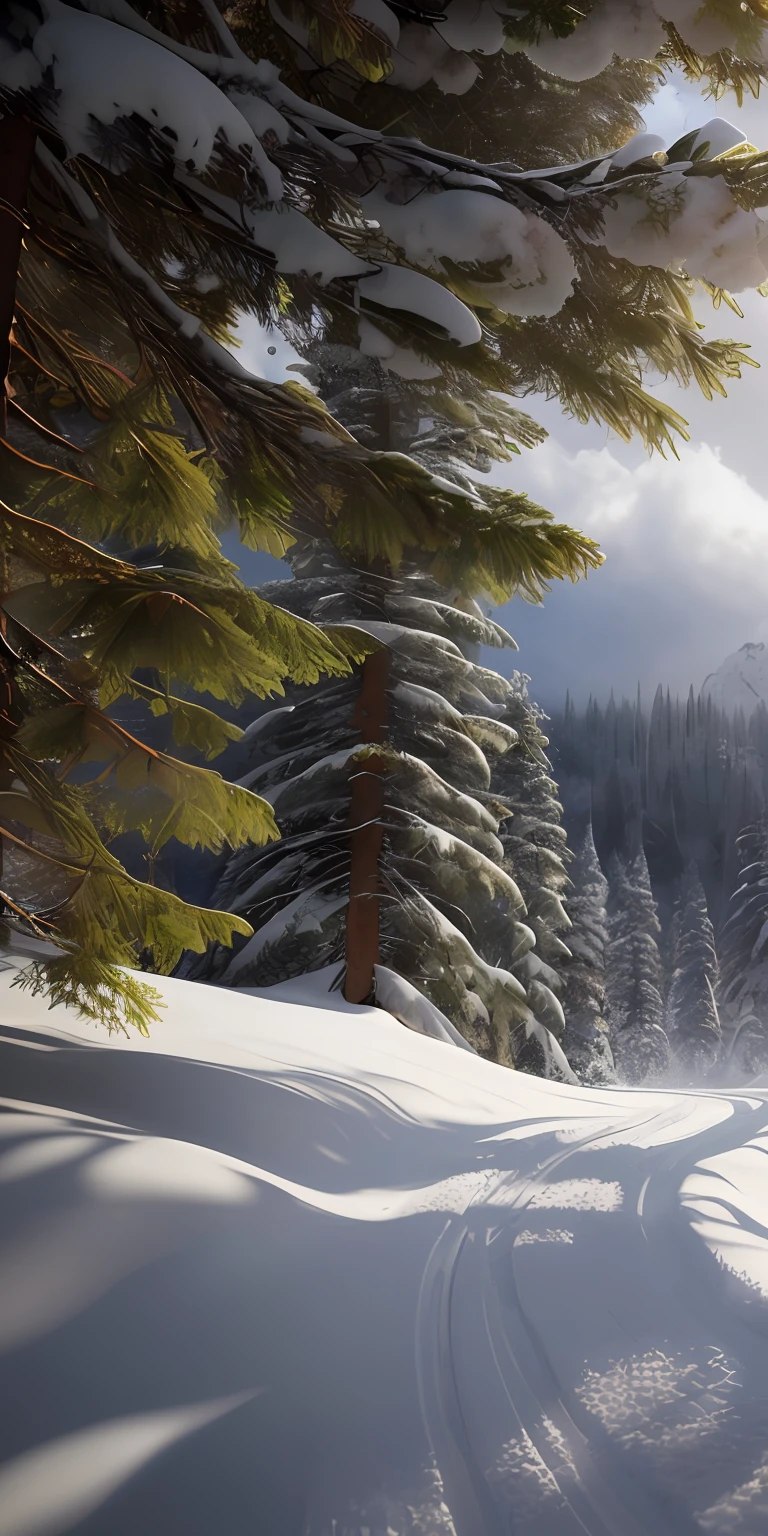 masterpiece, best quality, high quality, extremely detailed CG unity 8k wallpaper, taiga, silence, towering conifers covered with forest floor, harsh cold climate, serene beauty, snow, winter, mild summer, breeze, needles, branches, bokeh, depth fields, HDR, bloom, chromatic aberration, photorealistic, extremely detailed, popular on artstation, popular on CGsociety, complex, high detail, dramatic, art midway