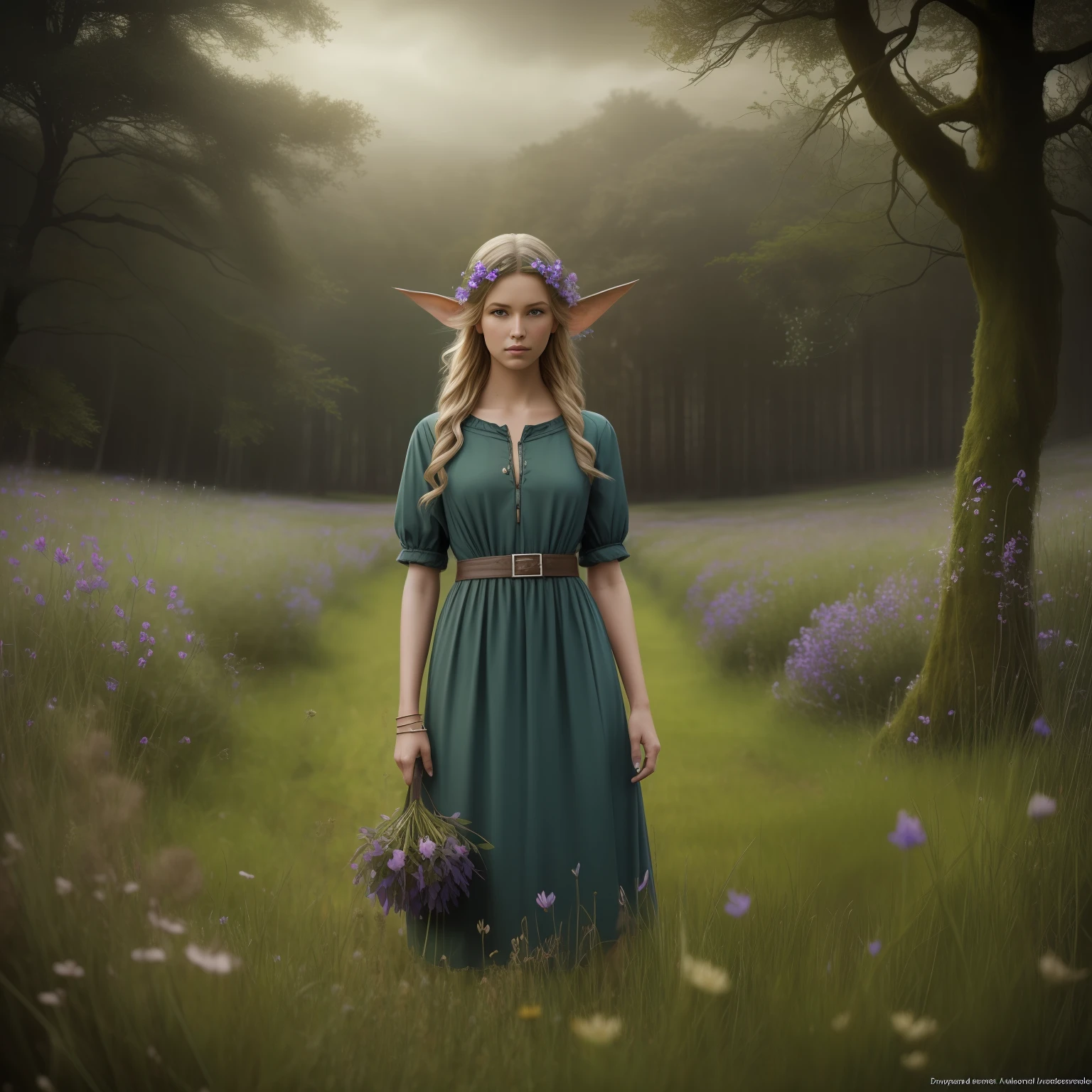 a three quarter image
of an iconic fantasy, a portrait of a elf with blue eyes and pointy ears standing in a field of wildflowers with overgrown trees, in the style of realistic and hyper-detailed renderings, chilling creatures, 32k uhd, andrea kowch, pseudo-realistic with wind swept hair, realistic, in realistic mossy Forest photography by David bailey. In the style of Andrea Kowch