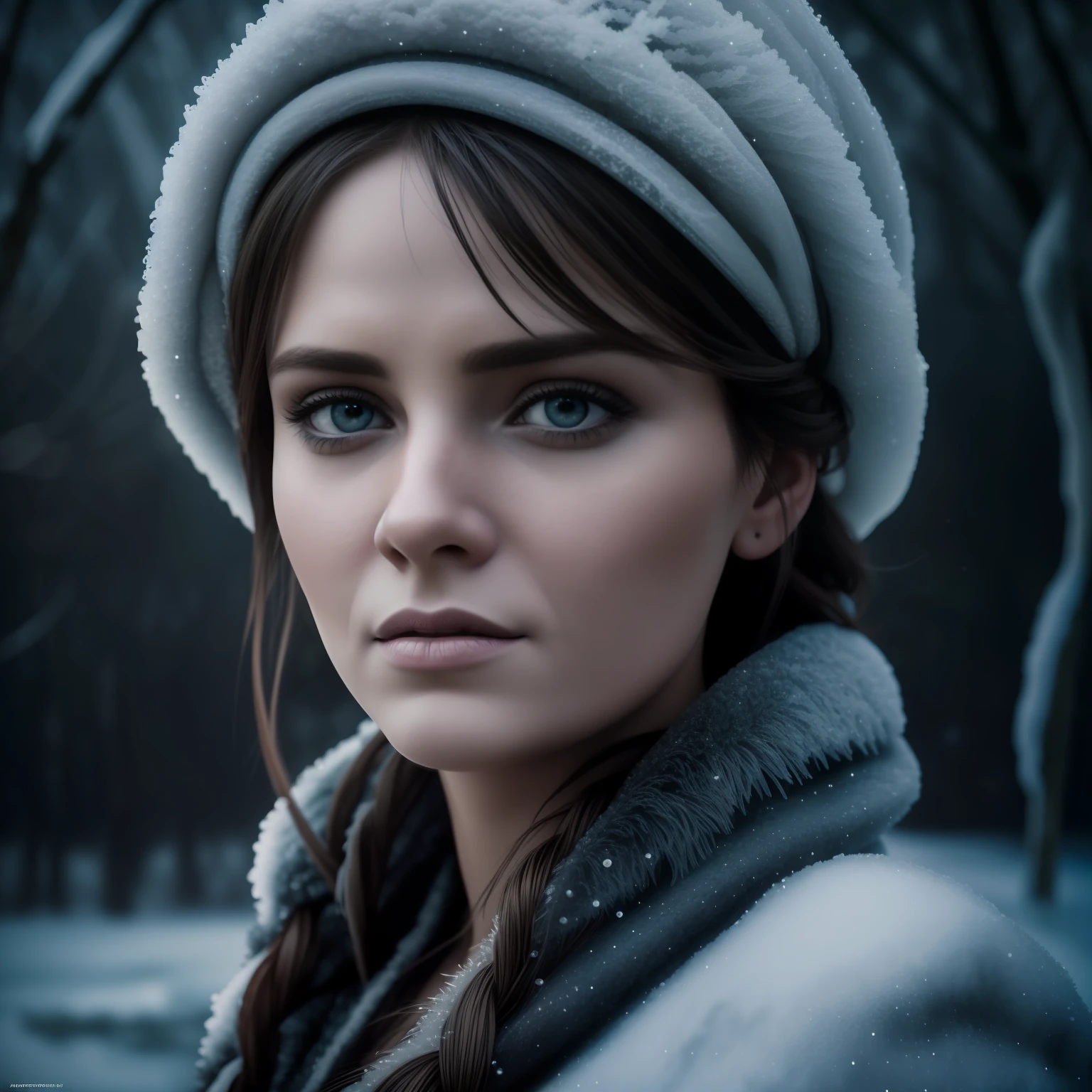 a closeup
of an iconic fantasy, a Portrait woman in Frozen Landscape with ice crystals on widespread tree branches, frozen waterfall and frozen pond, full moon, micro-details, octane render, photorealism, photorealistic, in the style of realistic and hyper-detailed renderings, chilling creatures, 32k uhd, andrea kowch, pseudo-realistic with wind swept hair, realistic, photography by David bailey. In the style of Andrea Kowch