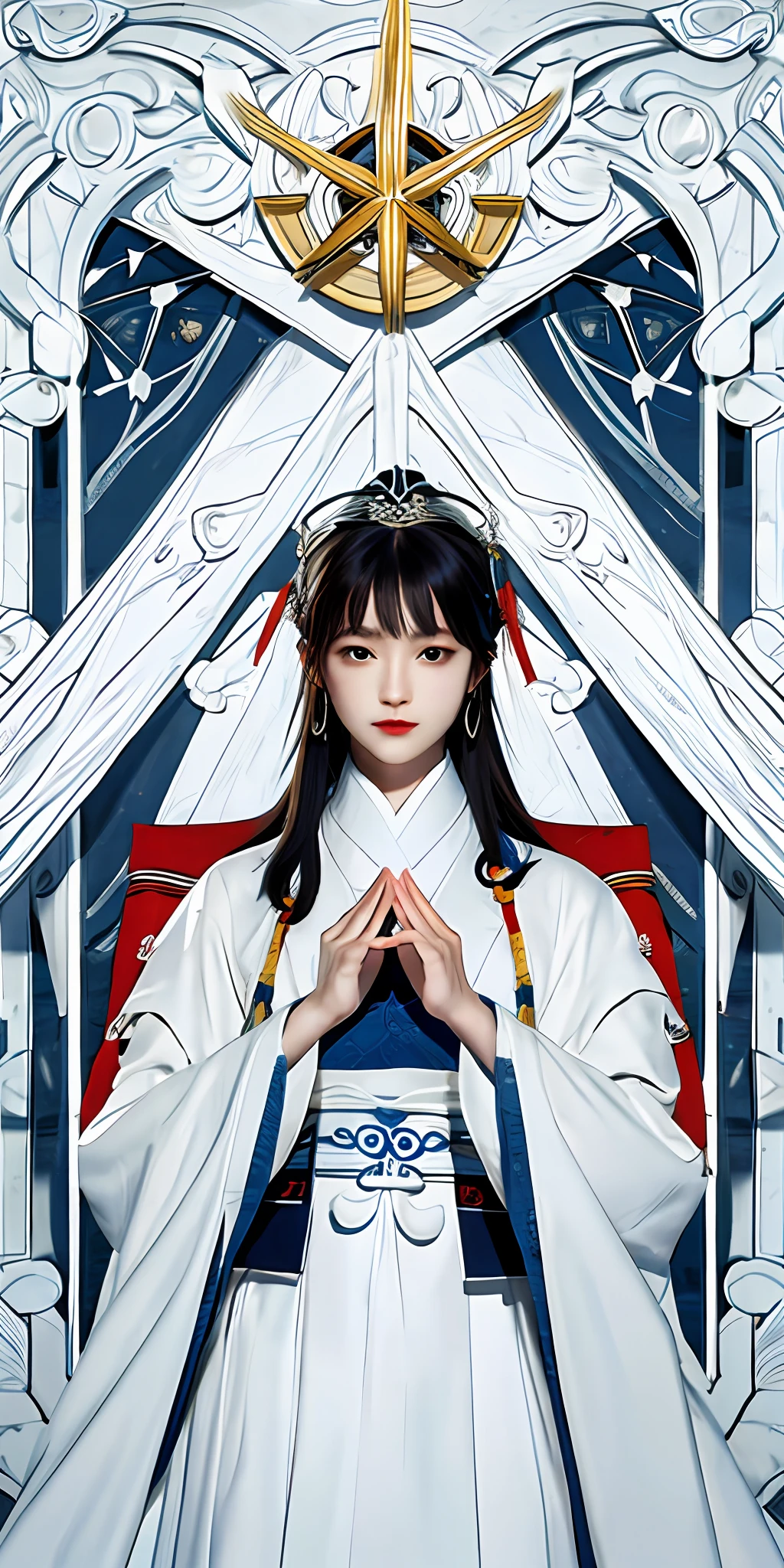 full bodyesbian,tarot, 轴对称,a queen, Ancient Chinese clothing, custom,full bodyesbian, rays of sunshine, Clear face, Clean white background, tmasterpiece, super detailing, Epic composition, hyper HD, high qulity, extremely detaile, offcial art, Uniform 8K wallpaper, super detailing, 32K