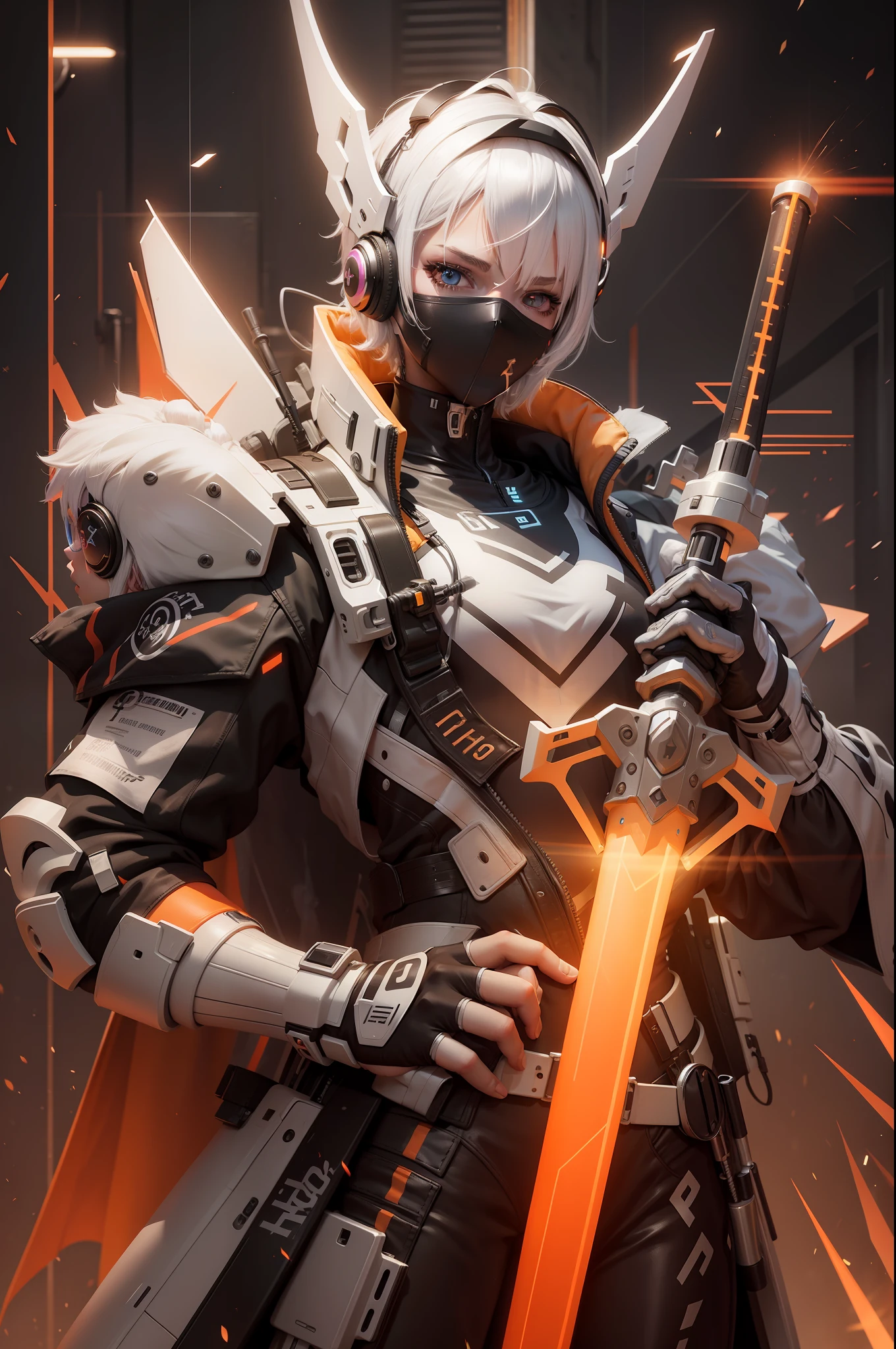 Girl, 3d, slim, neon, sword, short hair, white hair, headphone, eye shield