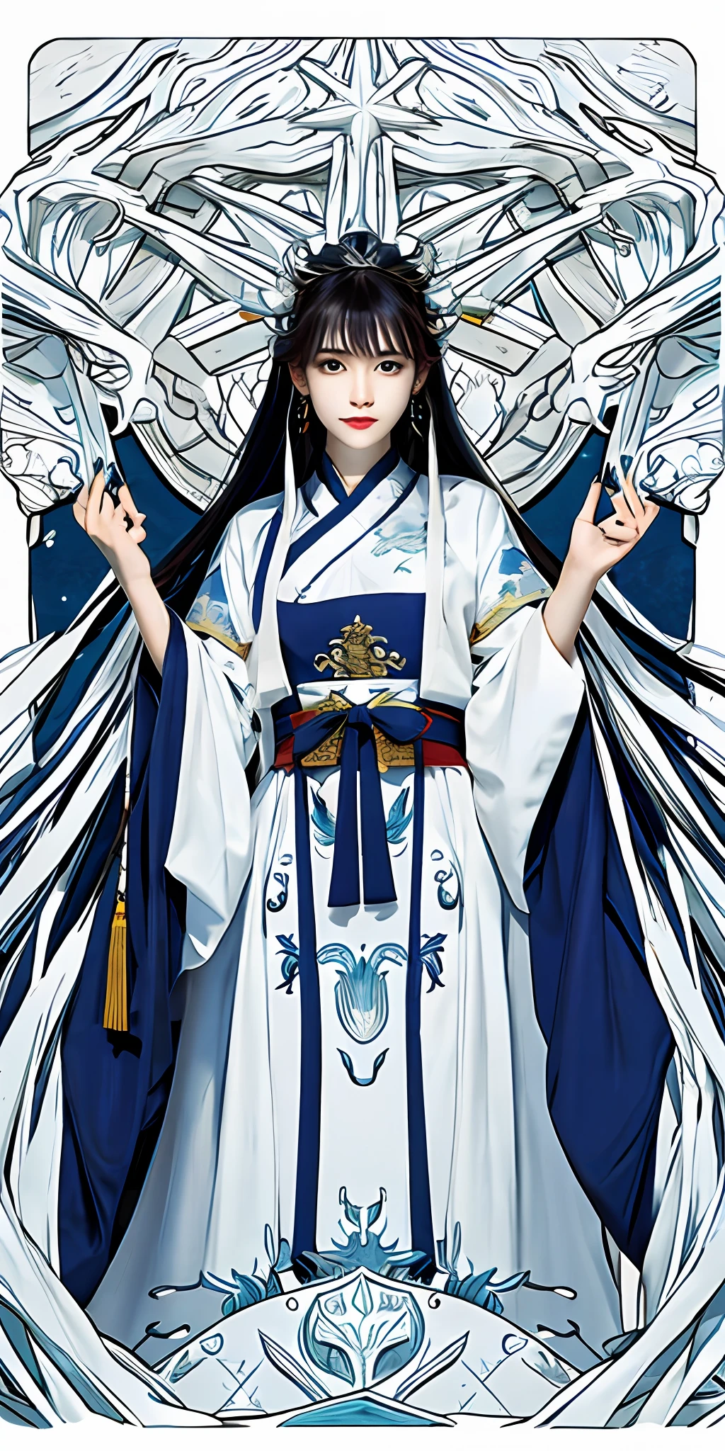 full bodyesbian,tarot, 轴对称,a queen, Ancient Chinese clothing, custom,full bodyesbian, rays of sunshine, Clear face, Clean white background, tmasterpiece, super detailing, Epic composition, hyper HD, high qulity, extremely detaile, offcial art, Uniform 8K wallpaper, super detailing, 32K