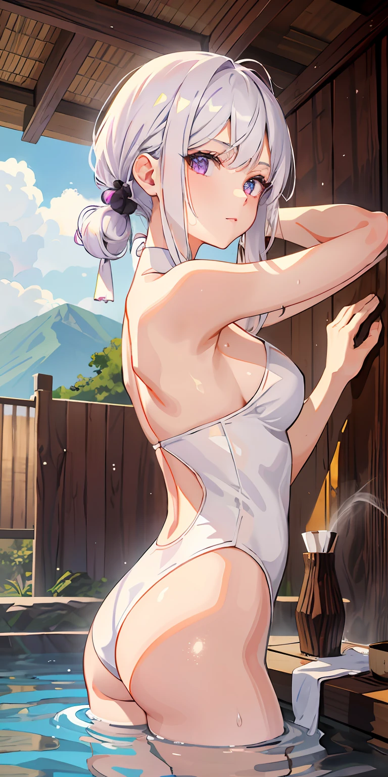 1girl, White hair, Purple eye, sportrait, photorealestic, Towels, (onsen), sidelighting, wallpaper, nsfw,nakeness