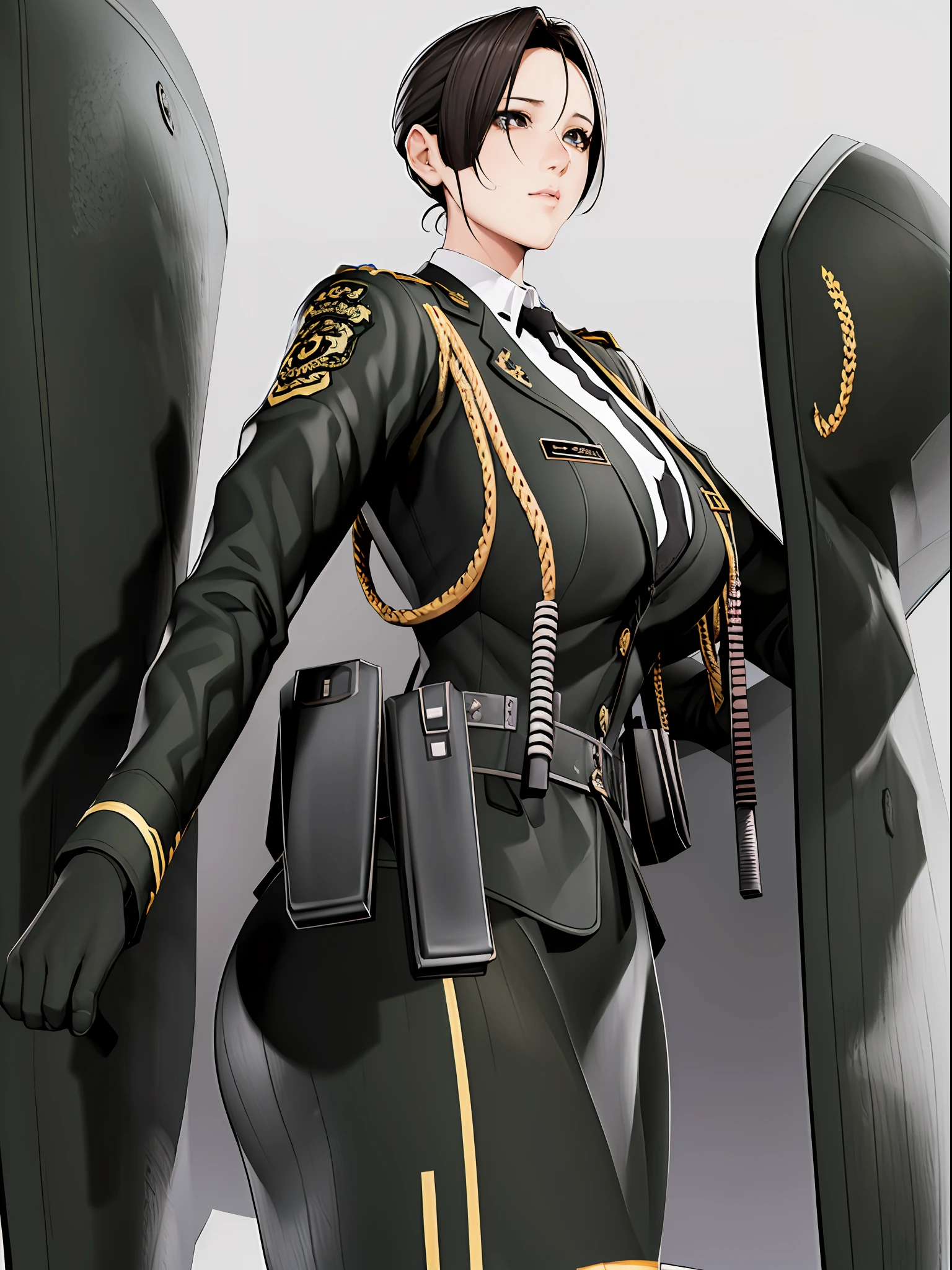 Very detailed CG unity 8K wallpaper，（tmasterpiece），（best qualtiy），（ultra - detailed），（Ultra photo realsisim），（best character detail：1.36），Nikon D750 f / 1.4 55mm，profesional lighting， physically-based renderingt, 1girll, Female soldier，army suit，Fabric texture military uniform，Lined white shirt，tiese，Black hair，the golden ratio,[:(com rosto detalhado:1.2):0.2]:,PureErosFace_V1, broad shoulder,(Bigchest:1.5),(big assa:1.5)，Soaked with sweat，sexyposture，squating，on the garden
