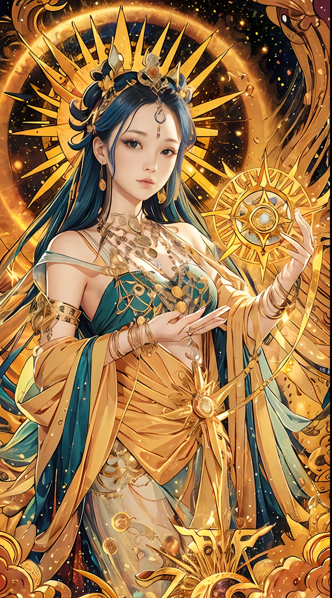 tarot cards，Background in the Milky Way，A halo of the sun behind the goddess，ornate garment，long leges，gem jewelry，Artistically，ultraclear，复杂，Extremely detailed，Hair color random，Hairstyle Random，8 k hd wallpaper