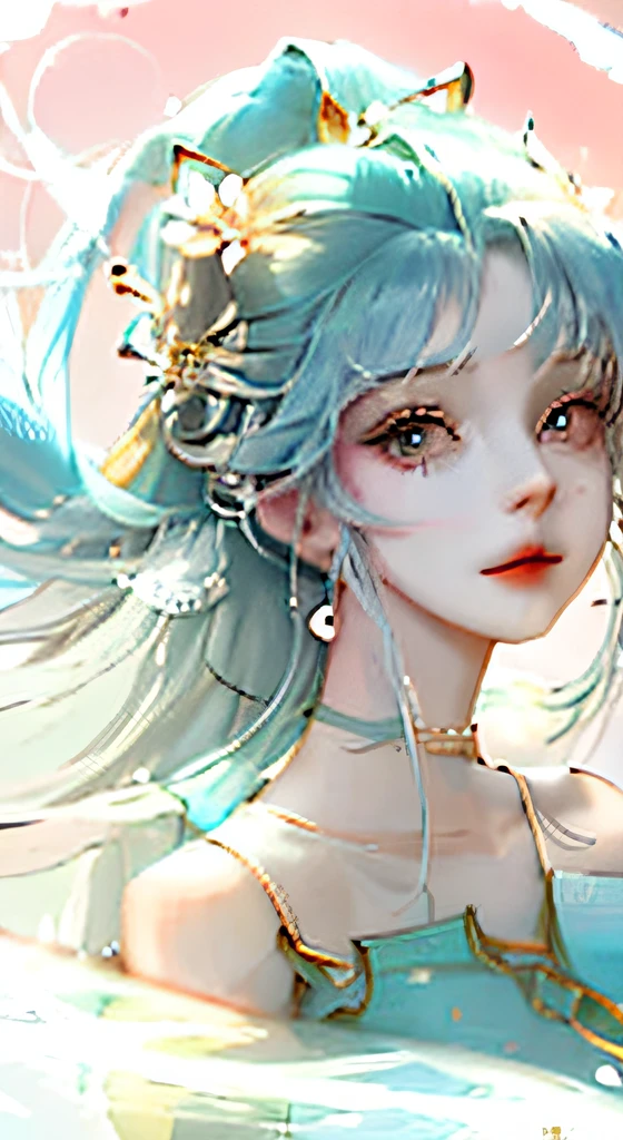 (masterpiece), (best quality), (ultra detailed),(disheed hair),(illustration), (1girl), (Fashionable clothing), standing, Fashion model, looking at viewer, (interview), (simple background), beautiful and delicate eyes, delicate beauty, floating, (high saturation), (colorful splash), colorful bubbles, (shine), focus on face, ponytail, Ayaka Kamisato, light blue hair, bangs, hair circle, floating flowers, flowing hair, (shiny), best lighting, best shadow, full body, vista