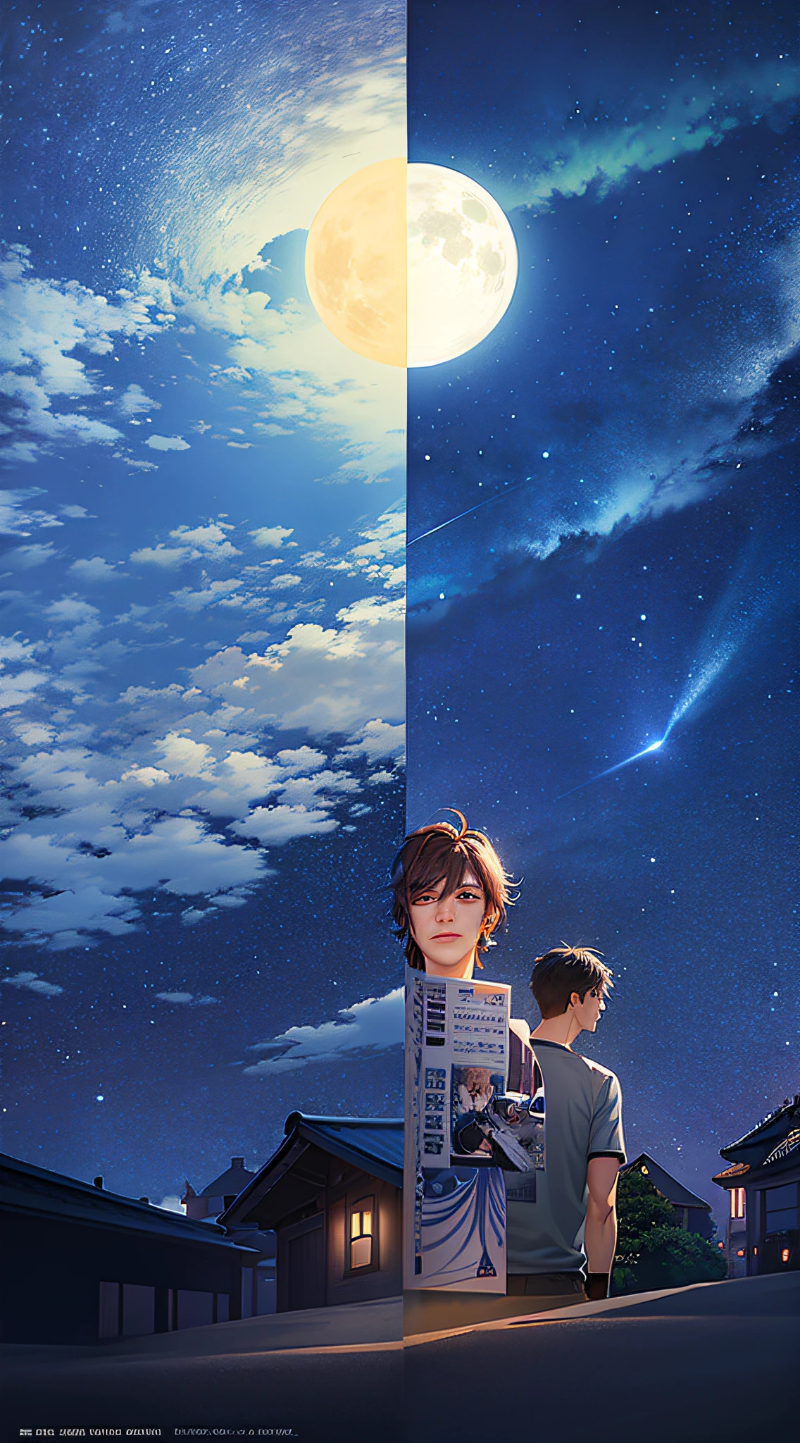 There are shooting stars in the background,Full moon in the middle,The picture is divided into two parts: Left and right,On the left is the country house building,On the right are modern urban buildings, At the bottom of the poster are small hills and roads,There is a silhouette of a man in the middle of the hillside,poster for, Reunion, unknown artist, noon, film promotional image, Cai Xukun, Poster illustration, Wang Chen, promotional poster, Artistic cover, Lu Ji, by Ye Xin, author:Yi Yuanji, Movie poster