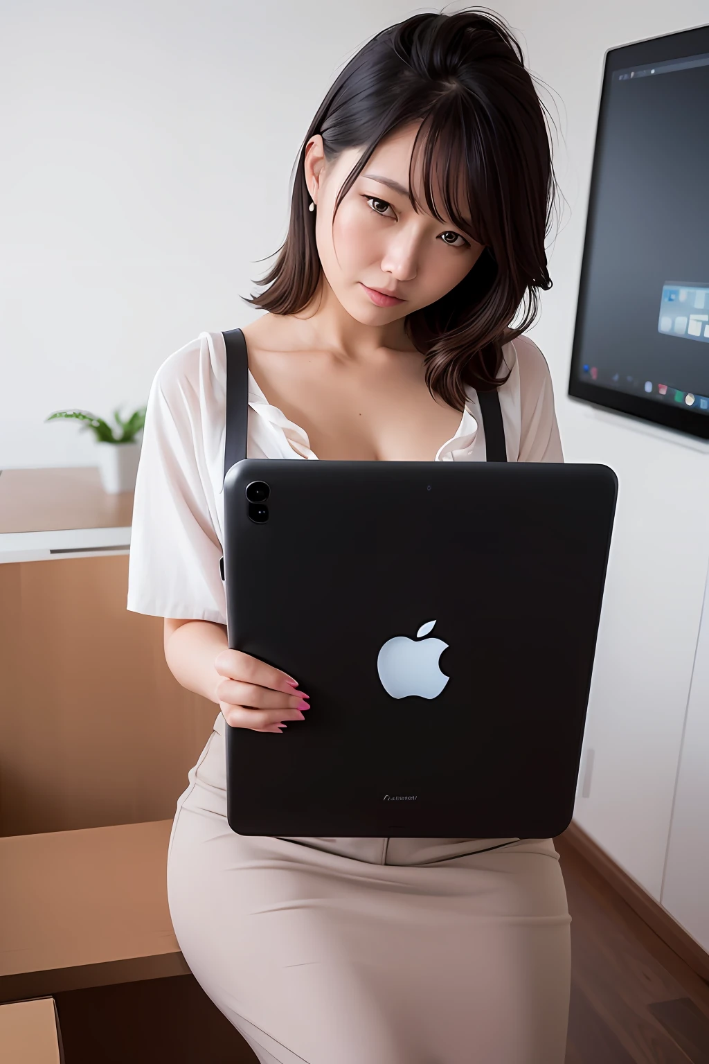 woman with a iPad, office,8k, RAW photo,((detailed:1.4)), portrait, best quality, ultra high res, photorealistic,