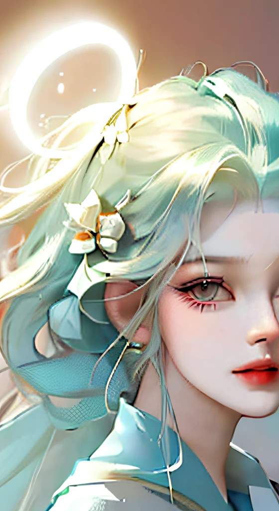 (masterpiece), (best quality), (ultra detailed),(disheed hair),(illustration), (1girl), (Fashionable clothing), standing, Fashion model, looking at viewer, (interview), (simple background), beautiful and delicate eyes, delicate beauty, floating, (high saturation), (colorful splash), colorful bubbles, (shine), focus on face, ponytail, Ayaka Kamisato, light blue hair, bangs, hair circle, floating flowers, flowing hair, (shiny), best lighting, best shadow, full body, vista