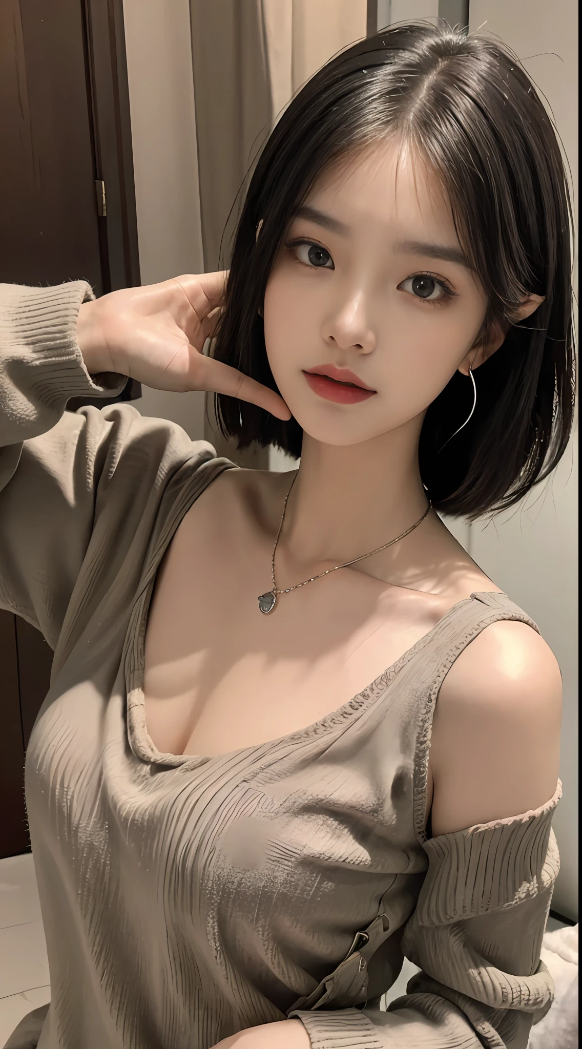 (tmasterpiece),Best quality at best,8K分辨率,3D,A beautiful girl,Wear suspenders,With a necklace,There is a beauty mole under the corner of the left eye ,perfect body figure,((Beautiful detailed face)),(full bodyesbian:1.2),Black color hair(Untidy),Delicate makeup,Redlip,Oily lips,long eyelasher,With silver earrings,Big bright eyes,eye shadows,Lying silkworm,cinmatic lighting,cute female child,Works of masters,high detal,The picture is colorful,Light and shadow details,Extremely delicate beautiful girl,Supple and fair skin,Exquisite facial features,s the perfect face,Stunning beauty,extremy detailed,Realistic details,face to the viewer,, sharp fokus:1.2, 1girll