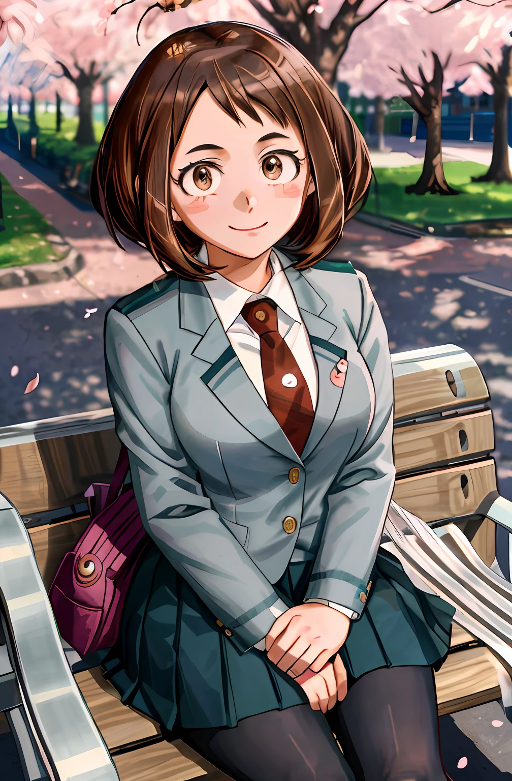 [ochako uraraka; Boku no hero academia], ((masterpiece)), ((solo portrait)), ((cute)), ((High definition)), ((anime)), ((Kohei Horikoshi)), ((detailed shading)), ((intricate details)), [ochako; (blushy cheeks, big round brown eyes, short brown hair, short eyelashes, large boobs, beautiful legs), {(school uniform); grey blazer, white shirt, red tie, yellow buttons, short blue skirt), (black see-through pantyhose)}, (cute smile)], {(sitting on bench, (looking at viewer), (hands in lap)}, [Background; (outside daytime; school, sunny, cherry blossom trees, sun rays through trees)]