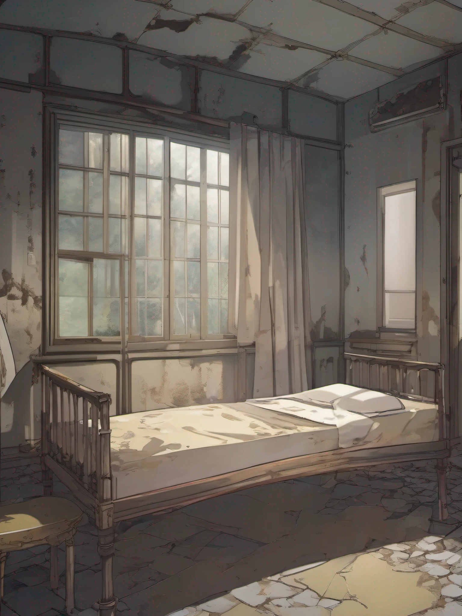 A dilapidated room,There were several patients lying inside,The sitting face shows fear and disappointment