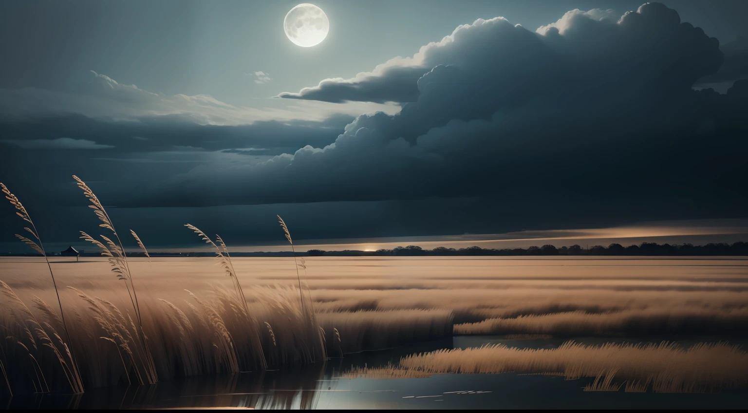 phragmites,water ink,Gray battlefield,In an oppressive atmosphere,Stage usage scenarios,The moon looms over the cloudy sky。